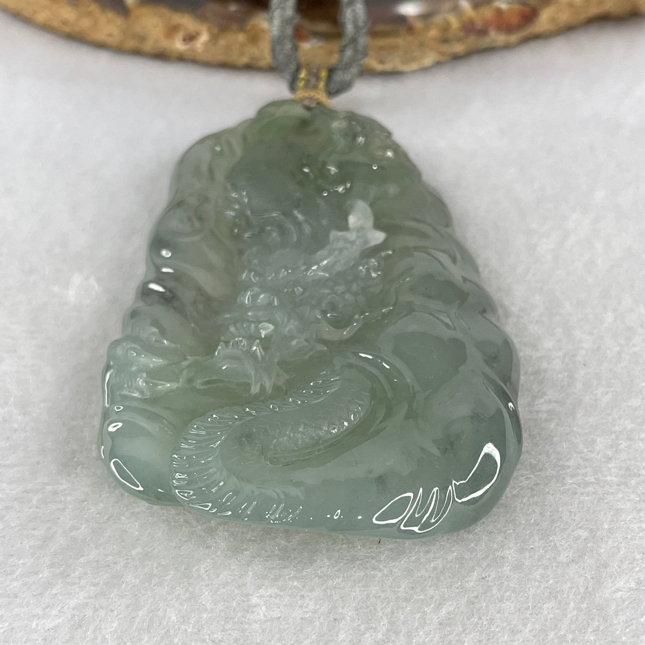 Natural Type A High Icy Jadeite Dragon Pendant | Translucent Blue-Green Imperial Gourd Carving (219.83g, 77.0mm, Includes Wooden Stand)