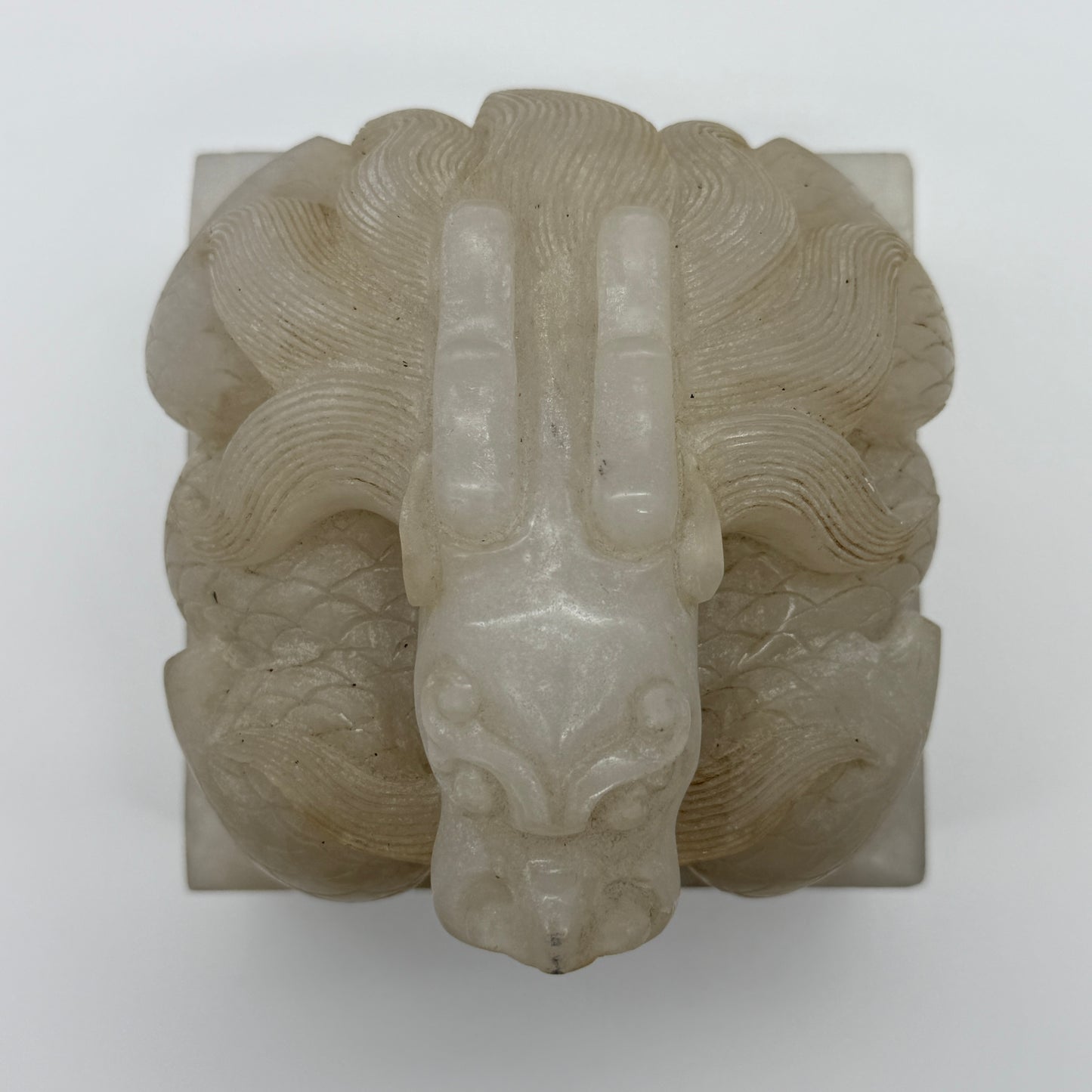 Antique Highly Translucent Yellowish White Nephrite Dragon Seal 2,439.8g 103.5 by 103.7 by 118.2g with Old Zitan Box Total 3,202.8g 136.8 by 137.2 by 168.0mm