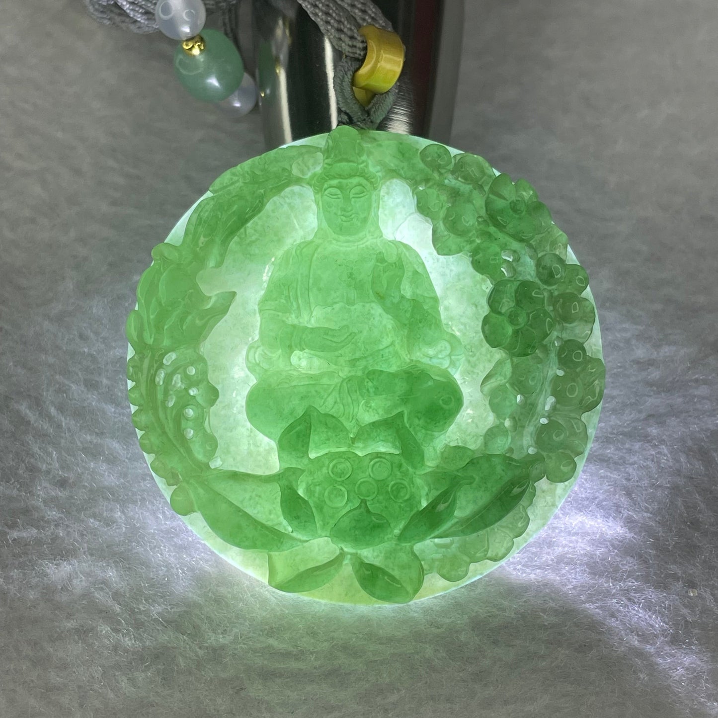 Golden Award Grand Master Type A Semi Icy Intense Green Jadeite Guan Yin on Lotus with Flowers 花开富贵观音 Pendant 62.02g 53.0 by 11.2mm