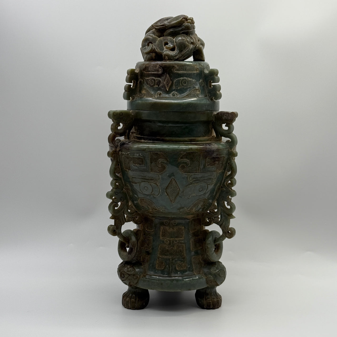 Rare Antique Natural Old Mine Green with Brown Patches Nephrite Pixiu Vase 3,113.3g 148.0 by 160.0 by 335.0mm