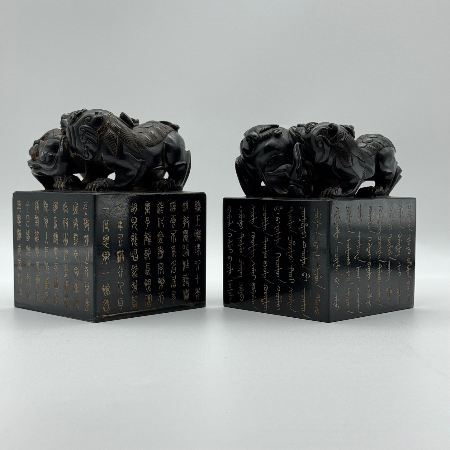 Rare Antique Natural Dark Green Nephrite Seal Pair of Twin Double Pixiu Stamp 5,596.2g 86.4 by 86.9 by 120.2mm with Wooden Box 355.0 by 165.0 by 190.0mm