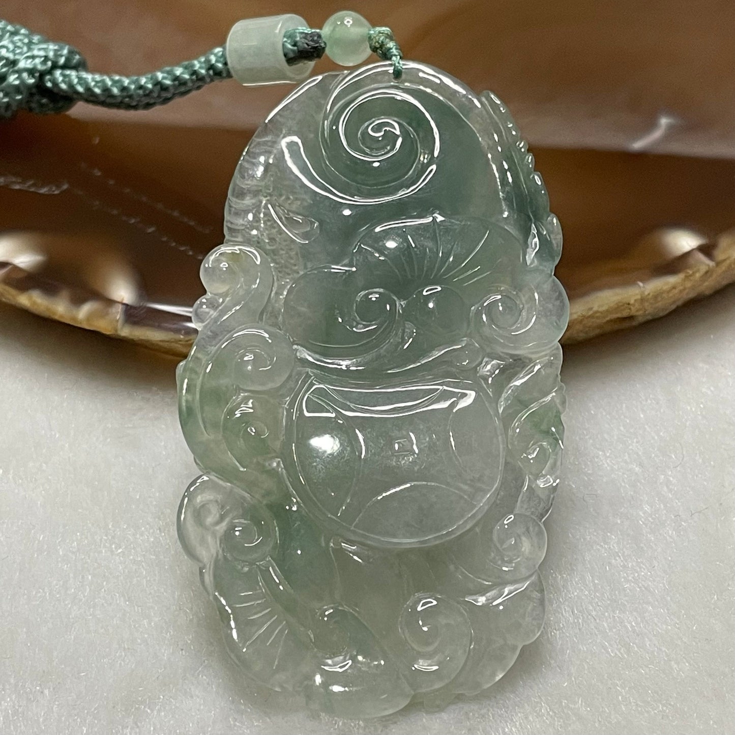 Rare Type A Icy Green Jade Jadeite Wealth Prosperity Dragon Pendant 35.02g 71.1 by 40.0 by 14.1mm