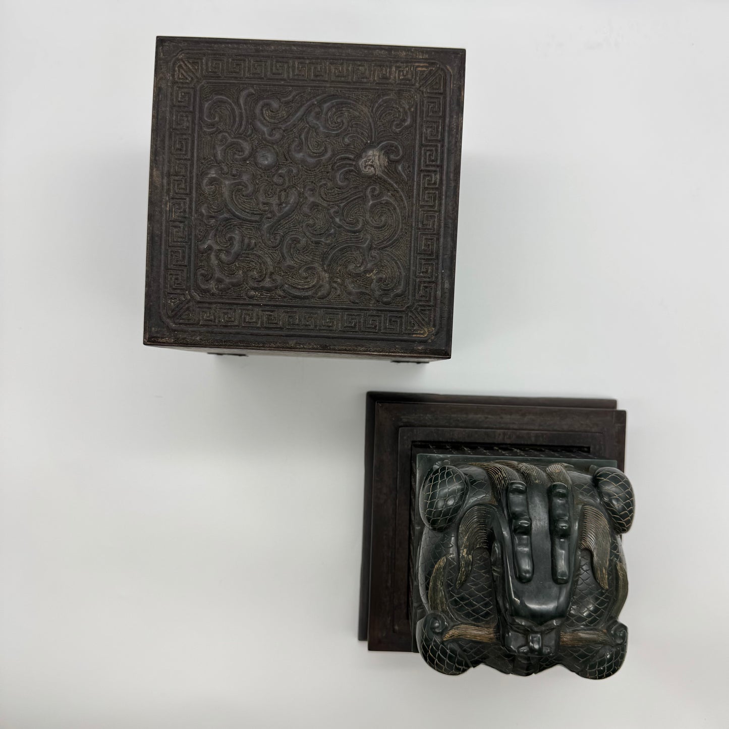 Rare Antique Natural Dark Green Nephrite Dragon Seal 3,120.1g 106.0 by 106.0 by 120.0mm with Wooden Box 4,254.4g 165.0 by 165.0 by 195.0mm