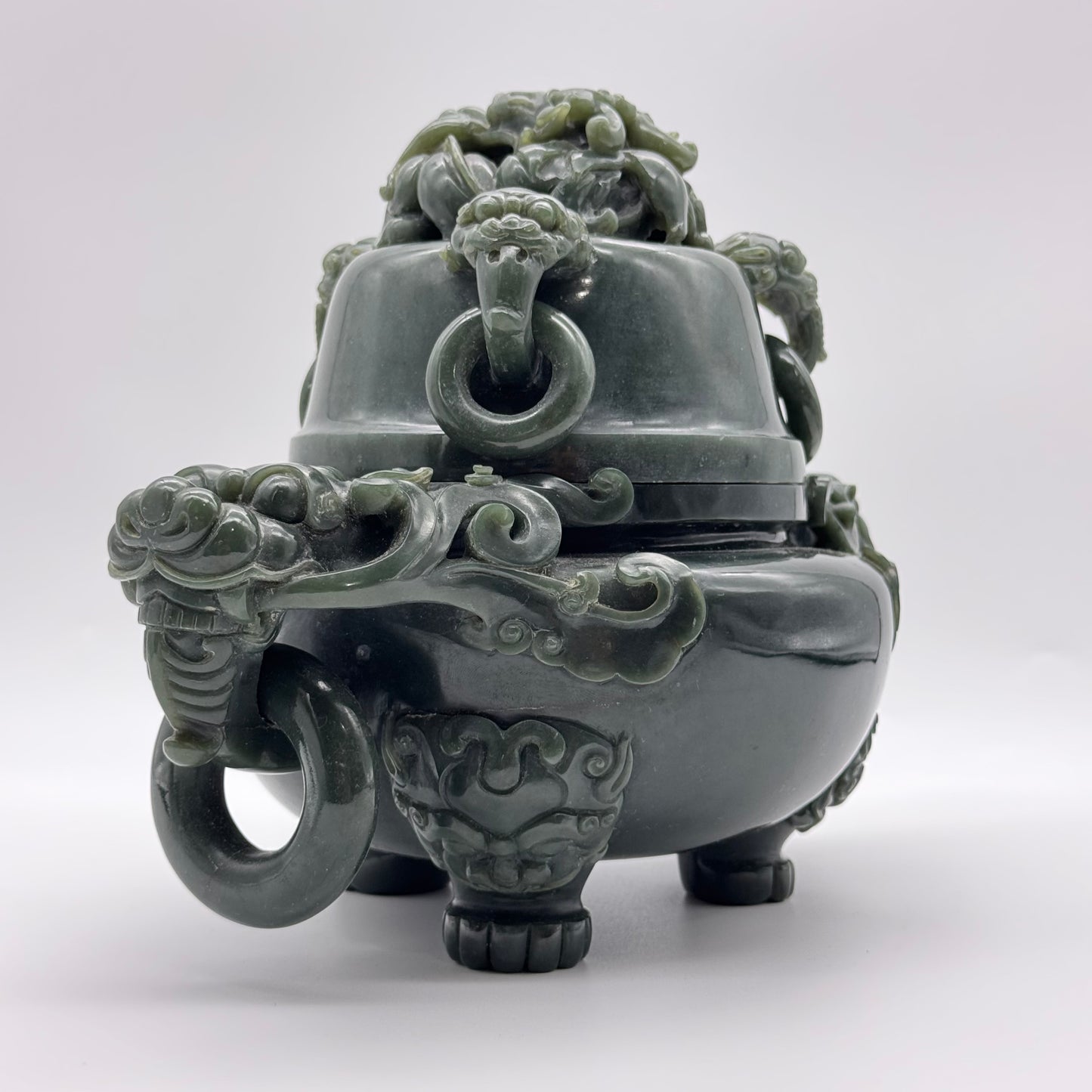 Rare Antique Natural Dark Green Nephrite Dragon Incense Burner 2.952,1g 245.0 by 160.0 by 185.5mm