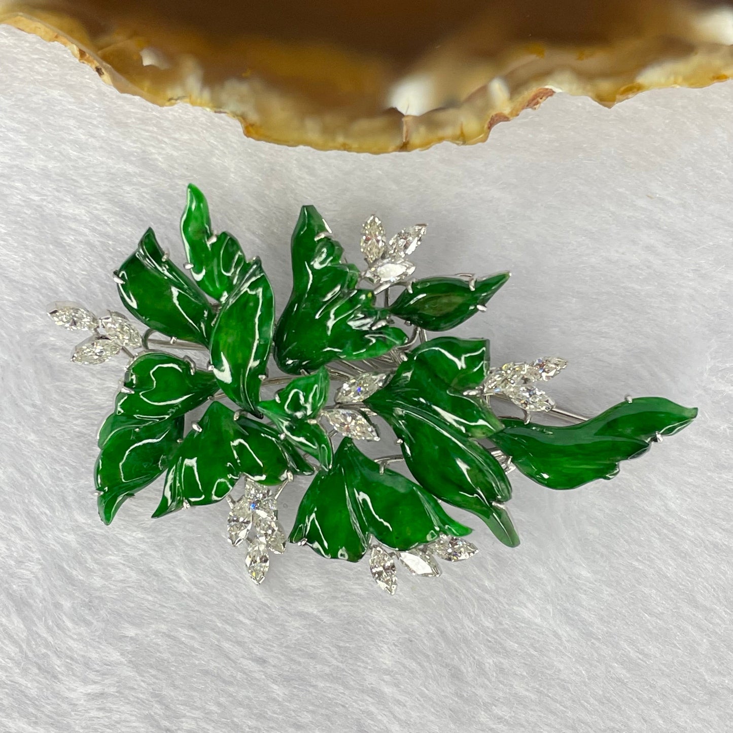 Very Very High Quality Translucent Natural Green Jadeite (TYPE A) Brooch Approx. 11.27 by 7.75 to 21.87 by 15.25mm Total Weight 22.79g including Natural Diamonds and 14K White Gold Setting with NGI Cert No.82835783
