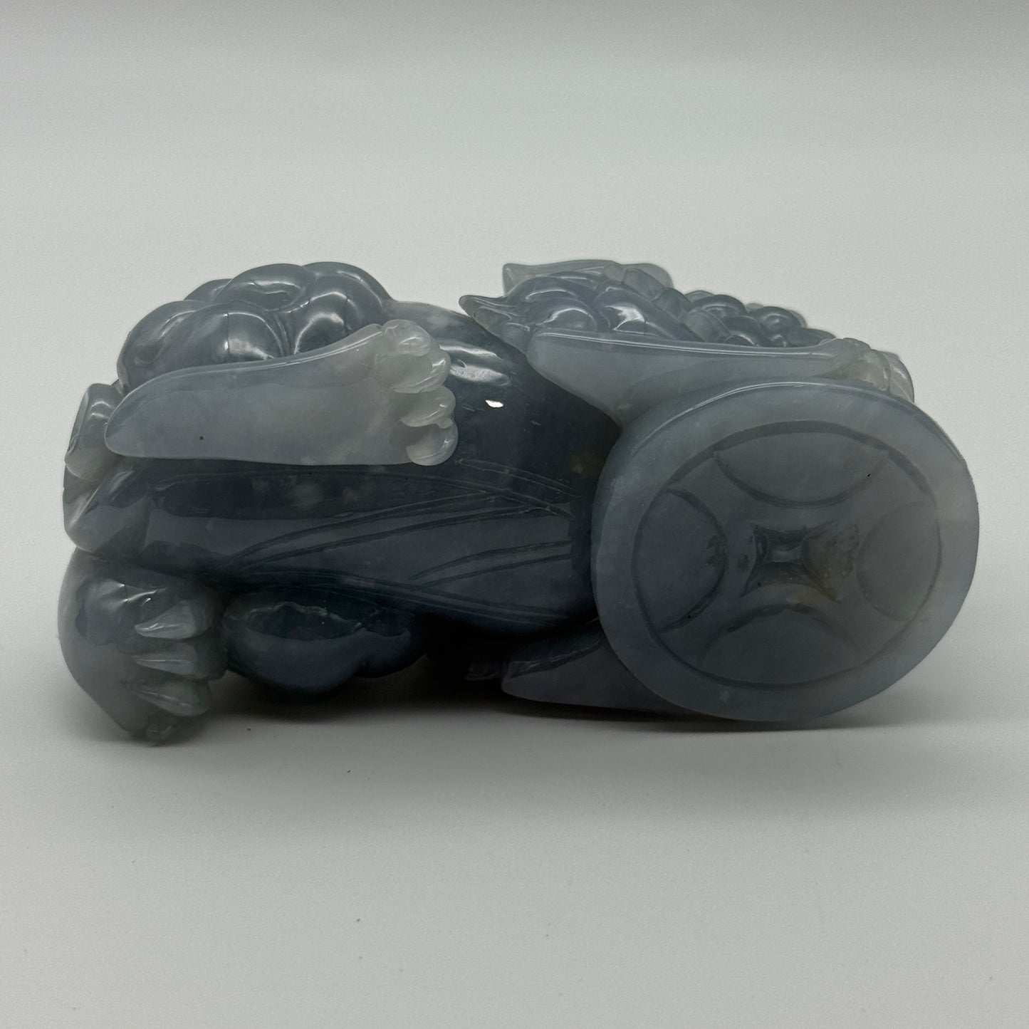 Type A Blueish Lavender Jade Jadeite Pixiu & Ruyi Display with Wooden Stand: Pixiu: 373.1g 93.1 by 43.1 by 43.7mm With Stand: 747.5g 215.4 by 111.5 by 99.6mm