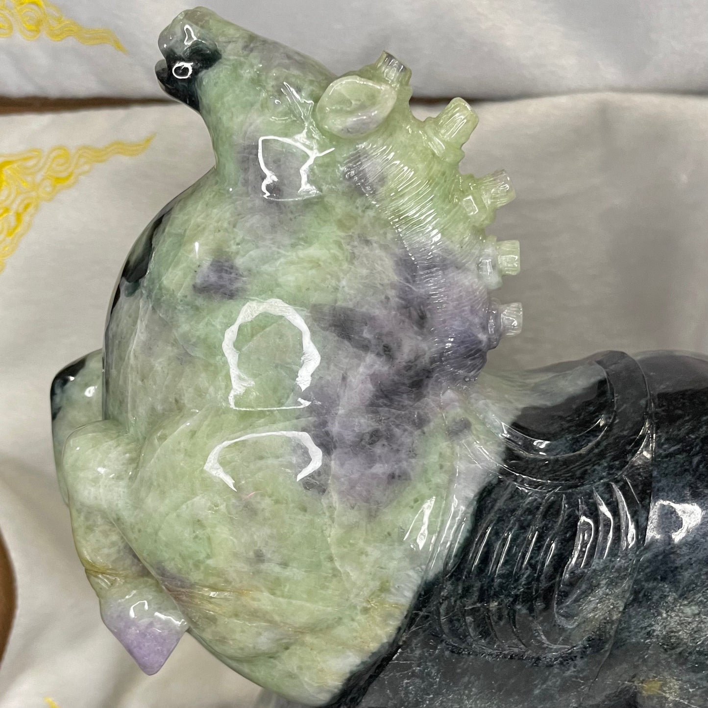 Type A Green with Lavender Jadeite Pair of Horses 马到成功 马上成功 马上发财 with Wooden Stand Display Piece - 9.53kg Dimensions with Stand: 30 by 28 by 12cm Jade Dimensions: 28 by 24 by 9cm