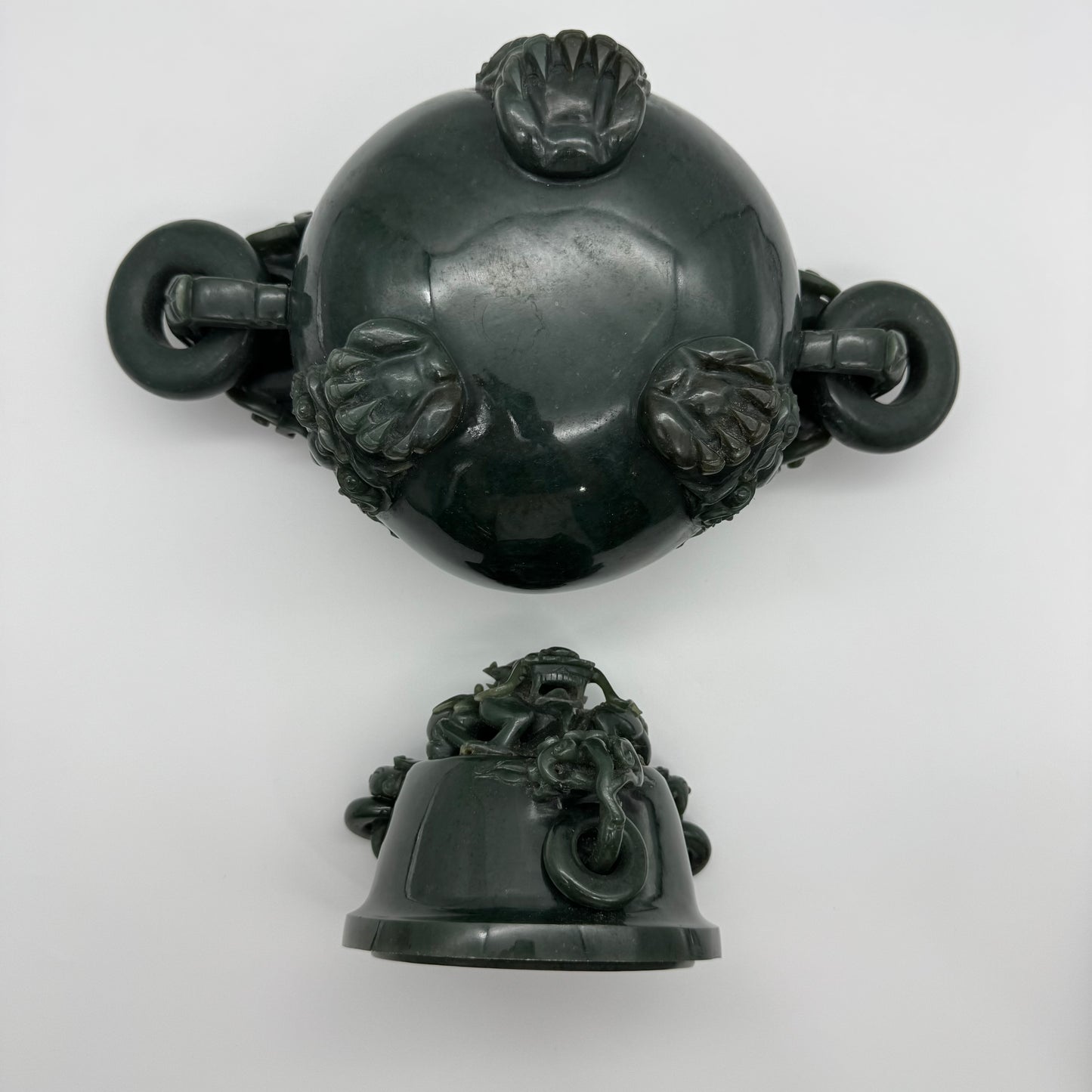Rare Antique Natural Dark Green Nephrite Dragon Incense Burner 3,613.7g 250.0 by 170.0 by 215.0mm