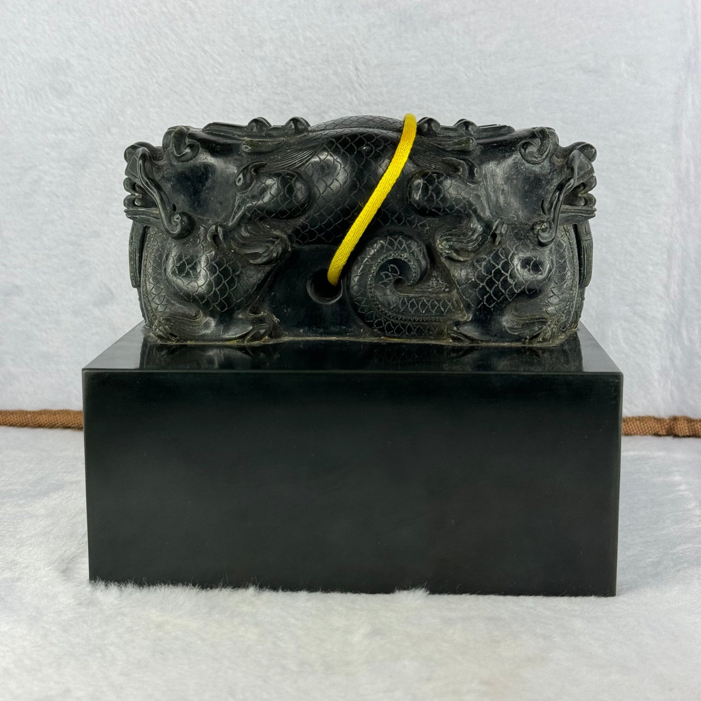 Rare Antique Natural Dark Green Nephrite Double Dragon Heads Seal 4,105.8g 134.8 by 134.3 by 120.0mm