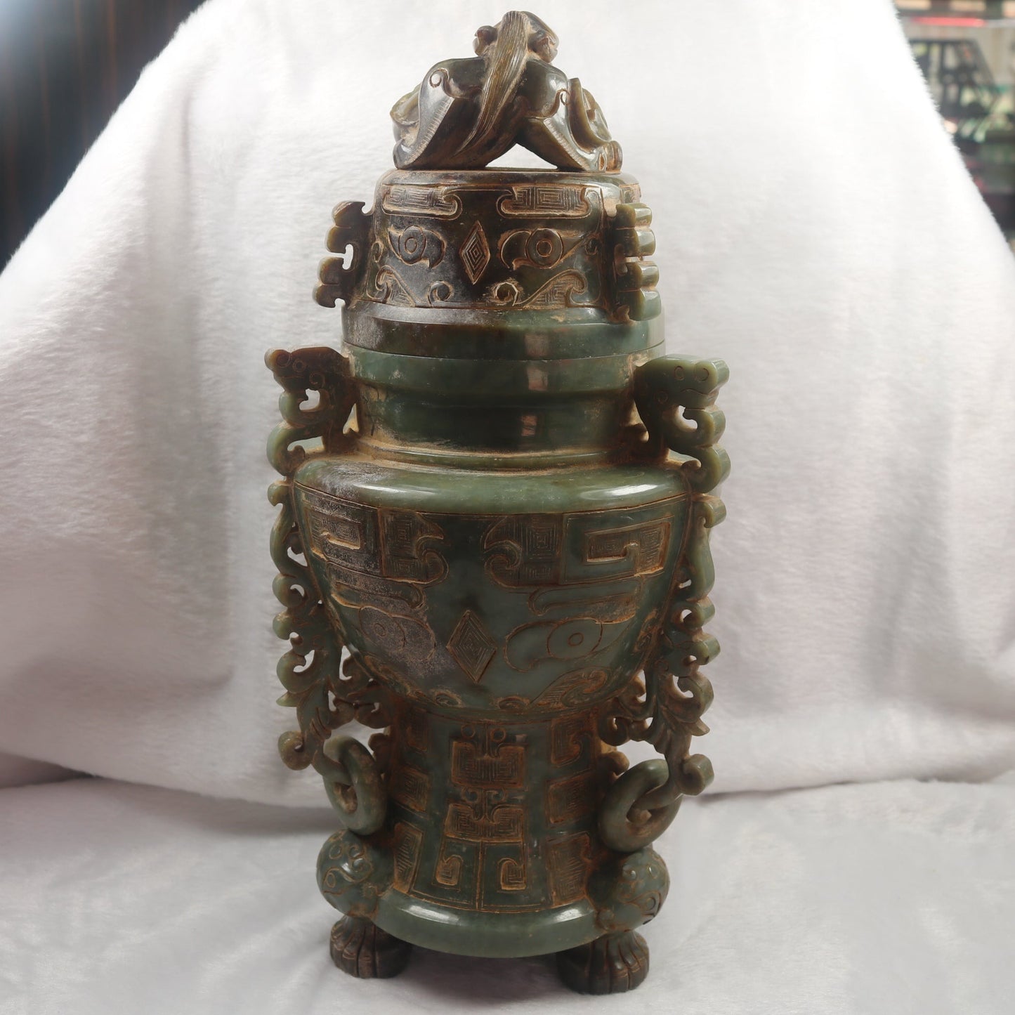 Rare Antique Natural Green with Brown Patches Nephrite Pixiu Vase 3,113.3g 148.0 by 160.0 by 335.0mm