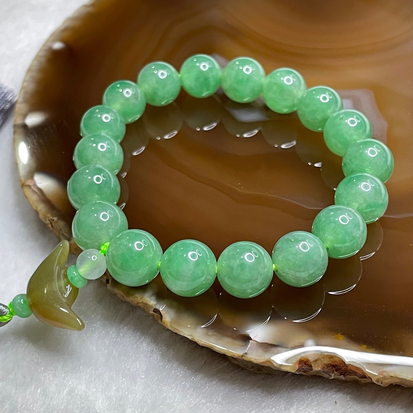 Rare Type A Semi Icy Full Green Jade Jadeite Beads Bracelet & Yellow Jade Ingot 35.34g 10.0mm/bead 18 beads