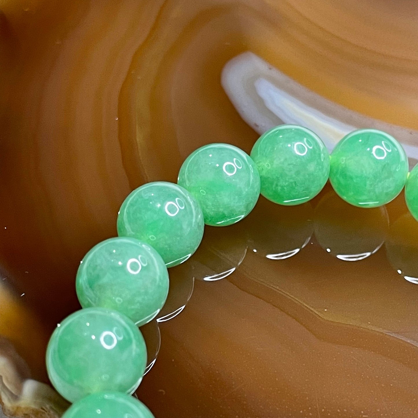 Rare Type A Semi Icy Full Green Jade Jadeite Beads Bracelet & Yellow Jade Ingot 35.34g 10.0mm/bead 18 beads