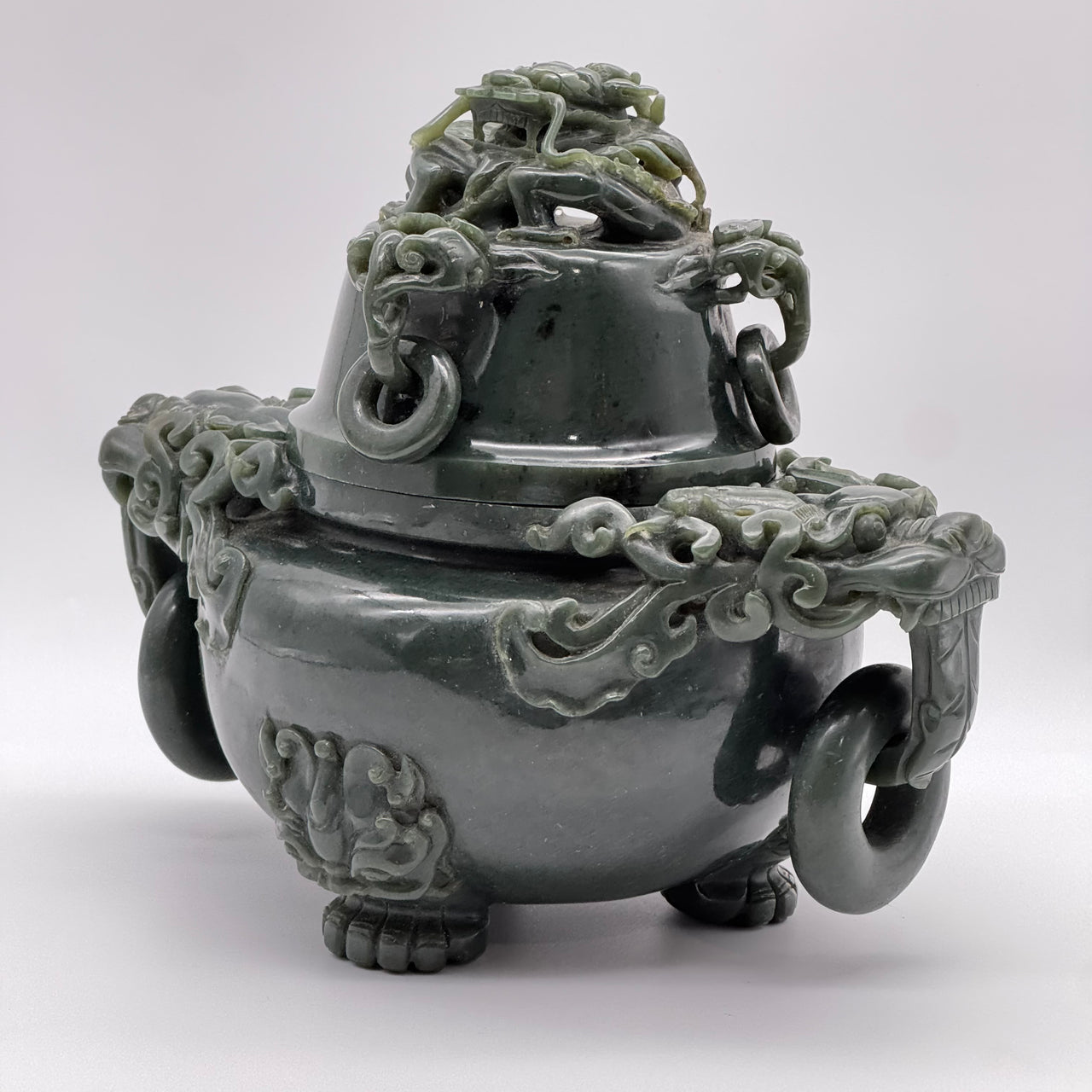 Rare Antique Natural Old Mine Dark Green Nephrite Dragon Incense Burner 3,613.7g 250.0 by 170.0 by 215.0mm