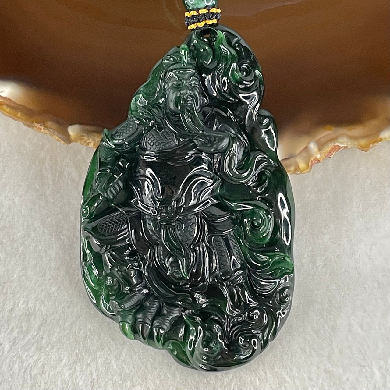 Rare High End Grand Master Type A Full Green Jadeite Guan Gong with Scroll Pendant 48.01g 72.0 by 44.8 by 9.3mm