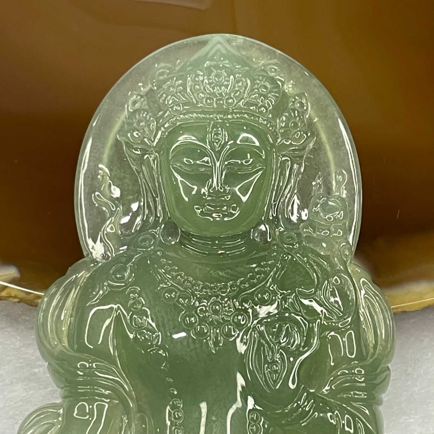 HIGH QUALITY Type A High Icy Green Tibetan Bodhisattva Jade Jadeite Pendant - 23.78g 63.0 by 38.7 by 5.7mm