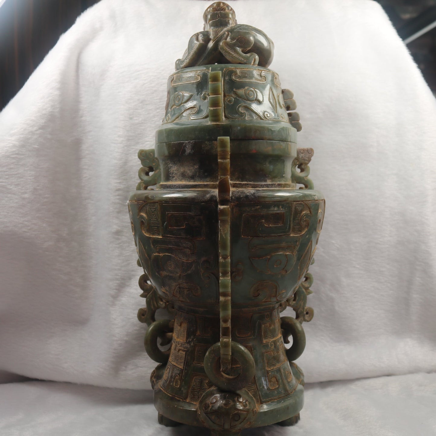 Rare Antique Natural Green with Brown Patches Nephrite Pixiu Vase 3,113.3g 148.0 by 160.0 by 335.0mm