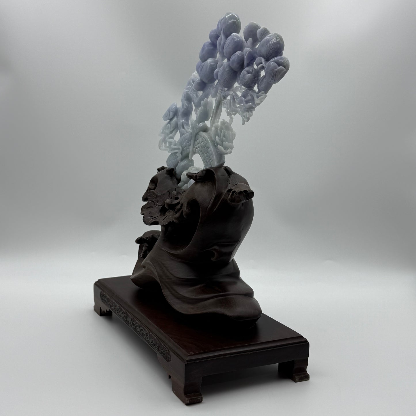 Rare Type A Deep Lavender Jadeite Gui Ren with Longevity Peaches & Lotus 470.0g 23.0 by 19.0 by 1.36cm with wooden stand 2285g 25.0 by 12.0 by 32.0cm