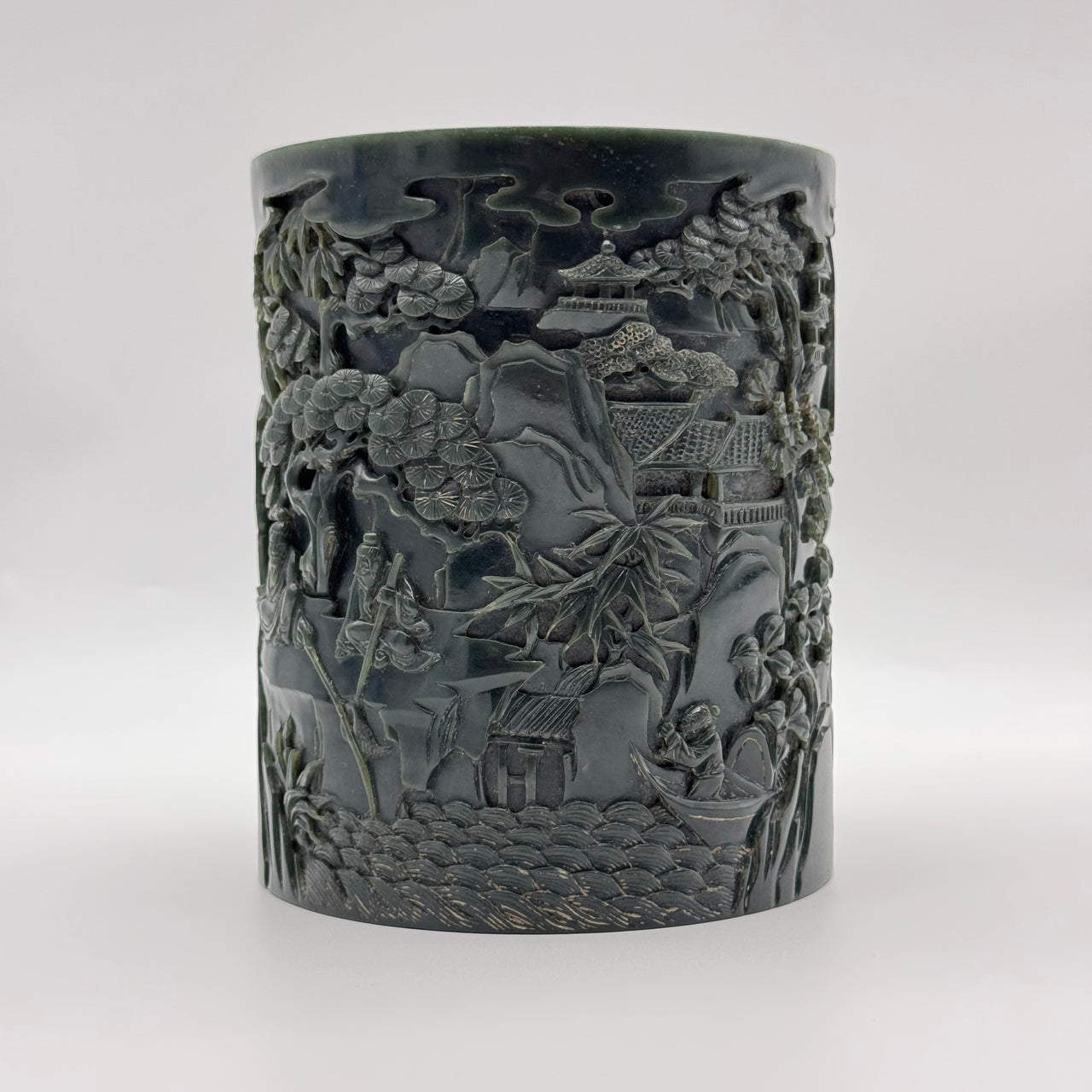 NGI Certified Rare Antique Old Mine Natural Dark Green Nephrite Shan Shui Brush Pot with Gui Ren Display 1,467.0g 116.5 by 116.8 by 142.9mm