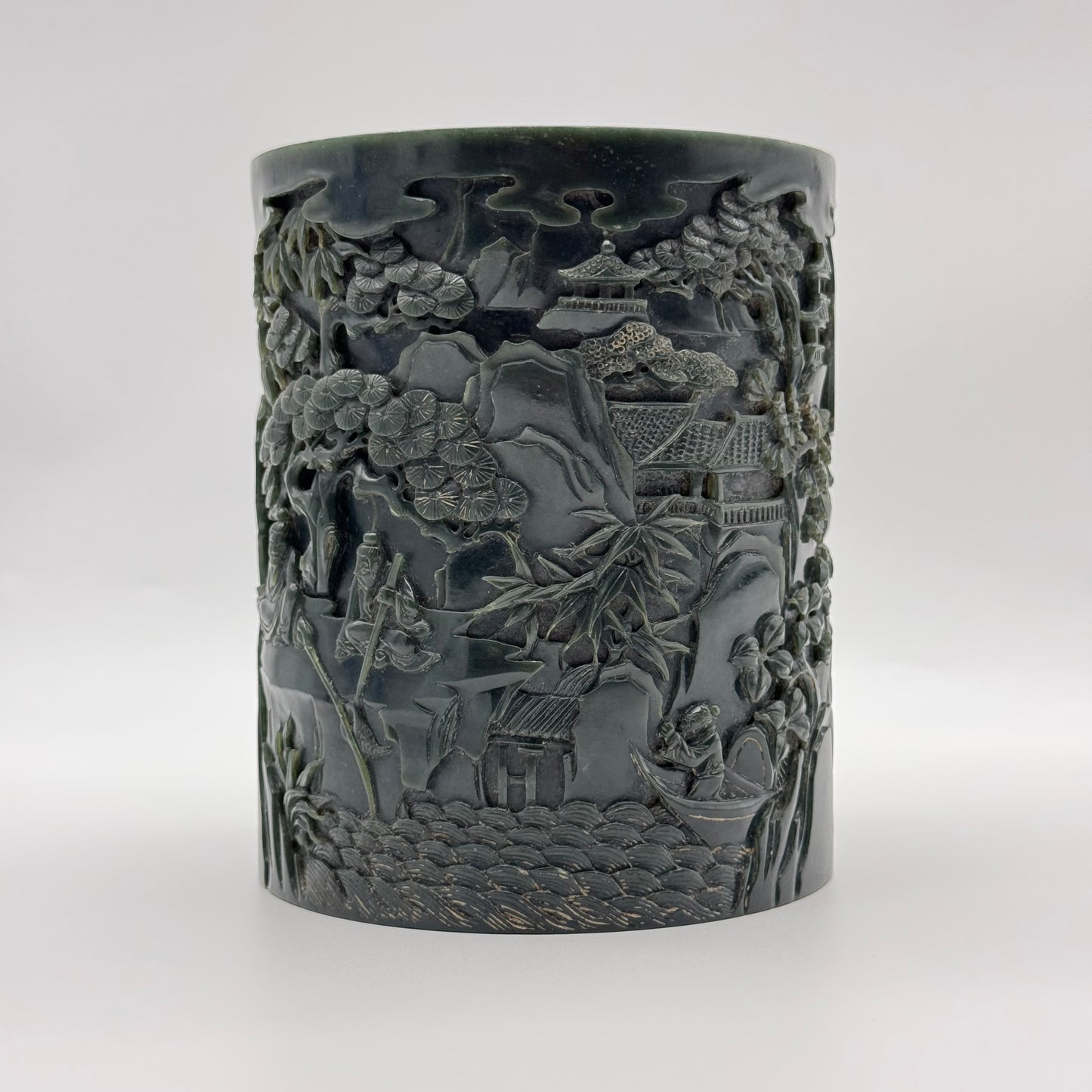 Rare Antique Natural Dark Green Nephrite Shan Shui Brush Pot with Gui Ren Display 1,467.0g 116.5 by 116.8 by 142.9mm with NGI Cert 82812380