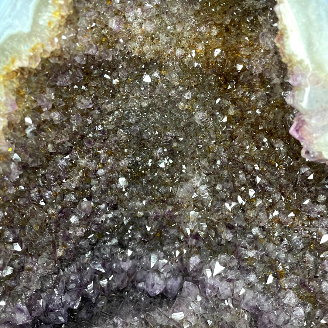 Rare Natural Amethyst with Golden and Black Rutile Display Wooden Stand - 50.4kg 520 by 470 by 380mm