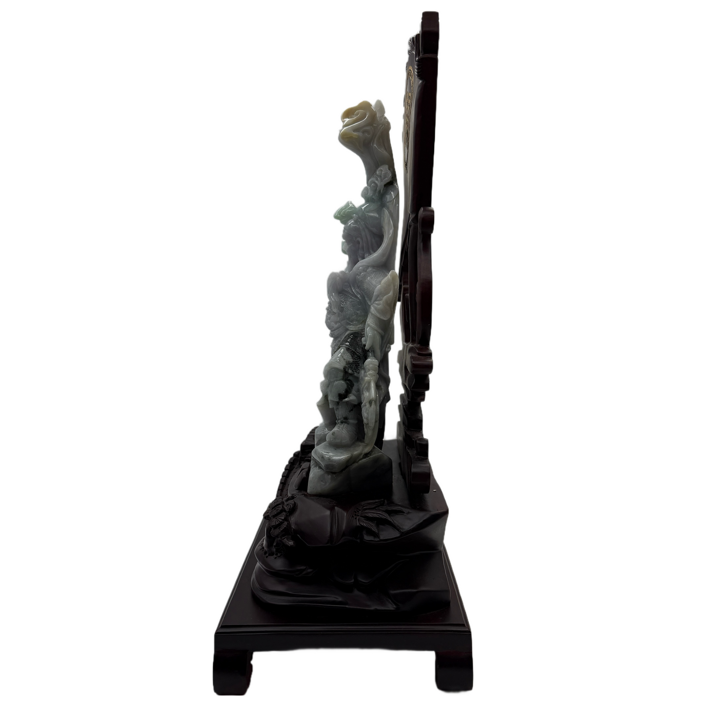 Type A Three Colour Lavender, Green & Yellow Jade Jadeite Standing Guan Gong with Wooden Stand and Victory Flag 义薄云天 旗开得胜 - 3.63kg Dimensions with Stand: 39 by 25 by 15cm Jade Dimensions: 27 by 15 by 7cm