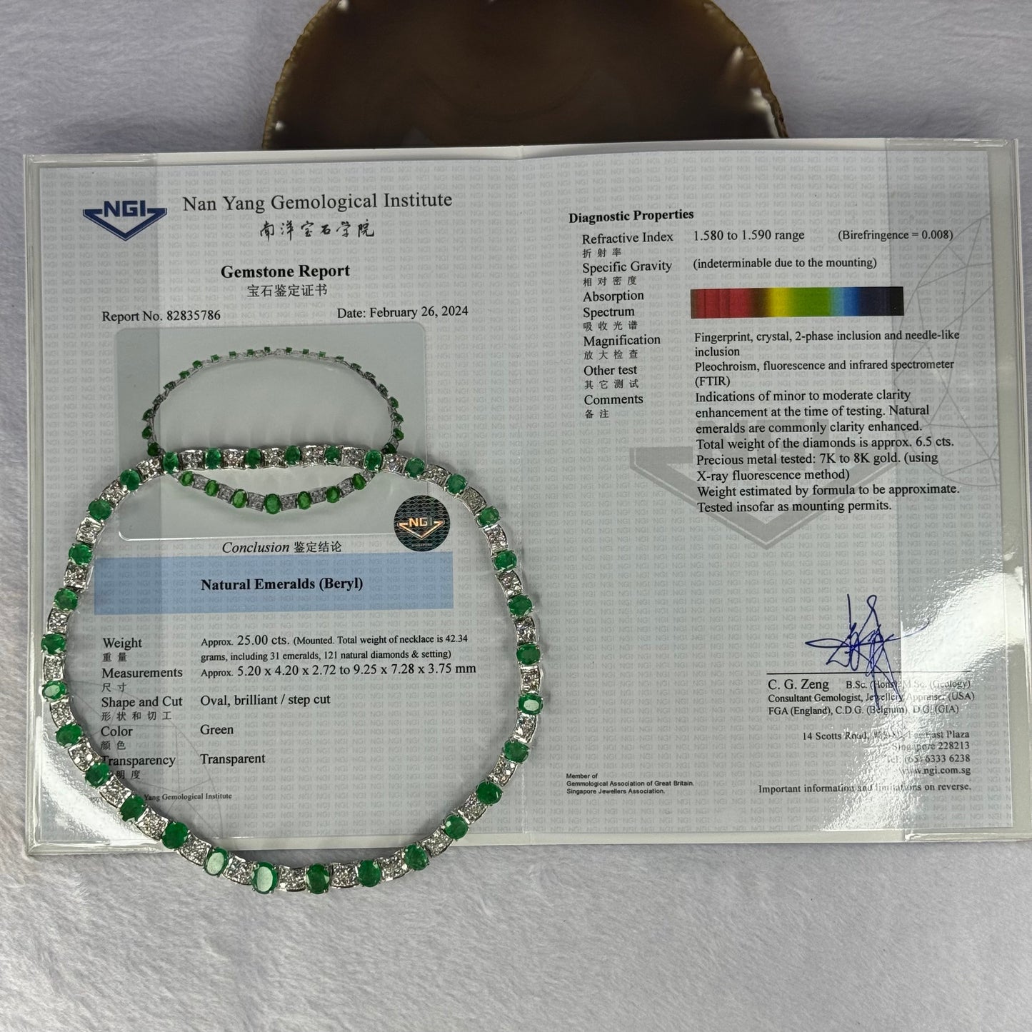 Natural Emeralds (Beryl) 25.0 cts. Total 42.34g including 31 Emeralds, 121 Natural Diamonds in 8k White Gold with NGI Cert No. 82835786