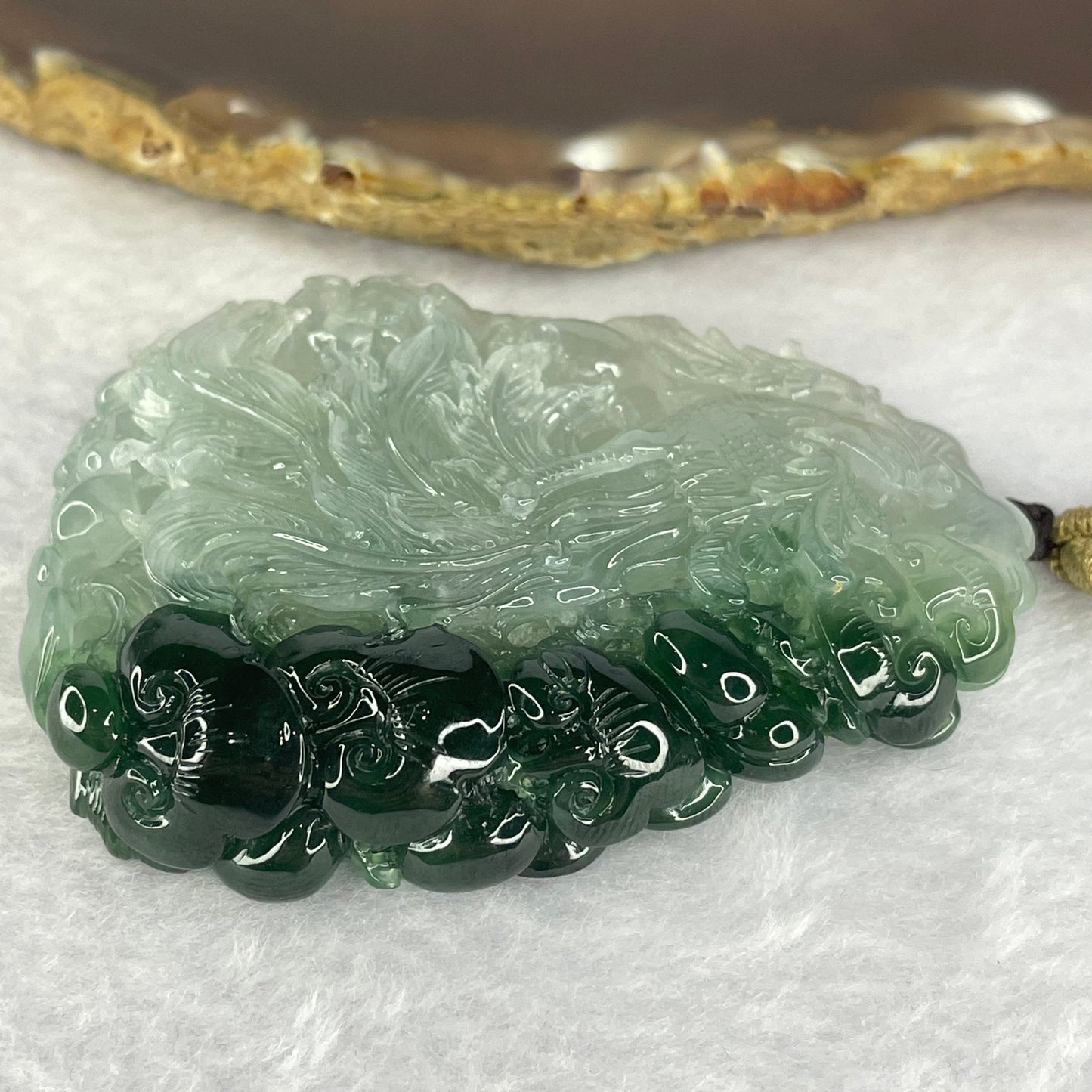 Grand Master Type A Icy Light Green with Green Jadeite Phoenix, Ruyis and Flower Pendant Display 71.83g 65.7 by 48.2 by 12.5mm with Wooden Stand for Career Progression and Recognition