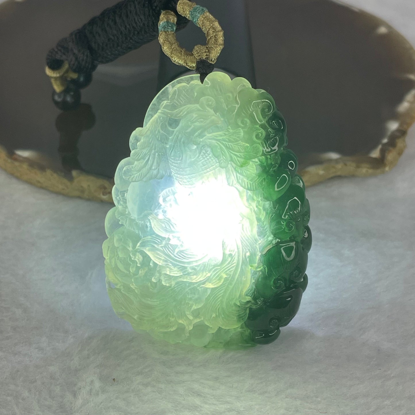 Grand Master Type A Icy Light Green with Green Jadeite Phoenix, Ruyis and Flower Pendant Display 71.83g 65.7 by 48.2 by 12.5mm with Wooden Stand for Career Progression and Recognition