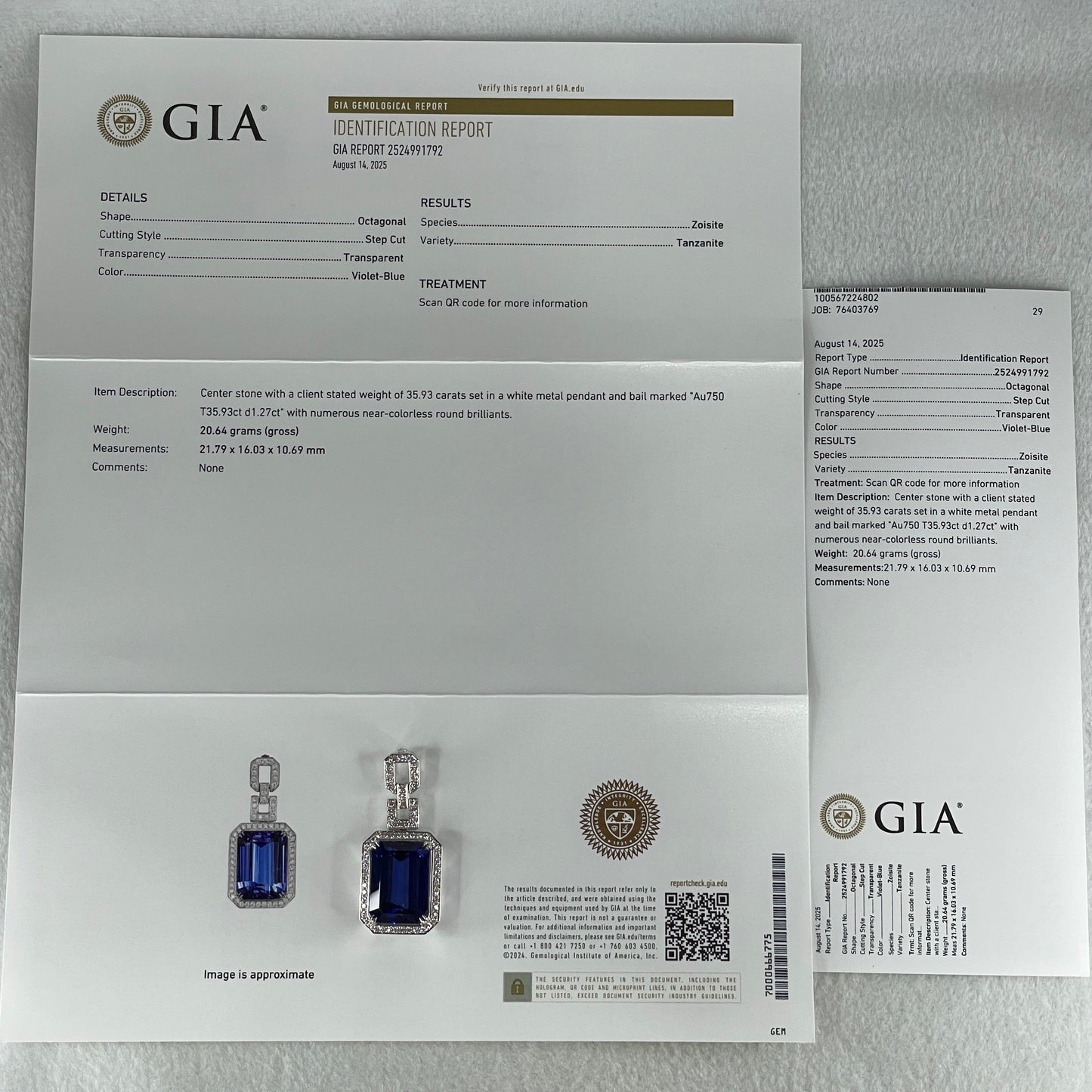 Very High Grade Natural Blue Tanzanite 35.93ct 21.79 by 16.03 by 10.69mm Natural Diamonds 1.27ct Au750 White Gold Pendant Total 20.64g with GIA Cert