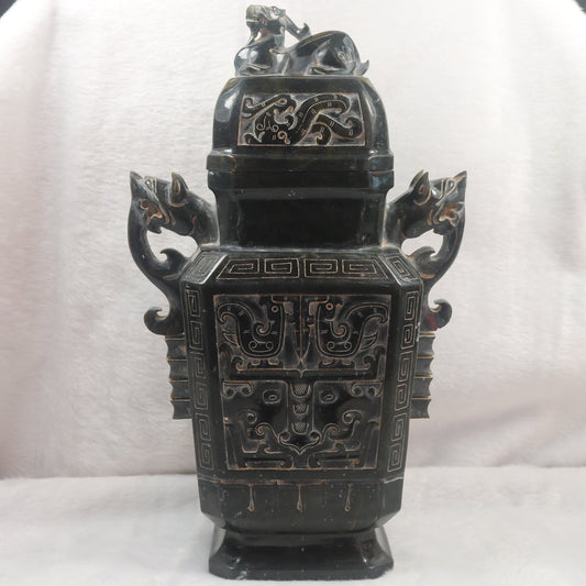 Rare Antique Natural Dark Green Nephrite Pixiu Vase 1,882.7g 170.0 by 100.0 by 280.0mm