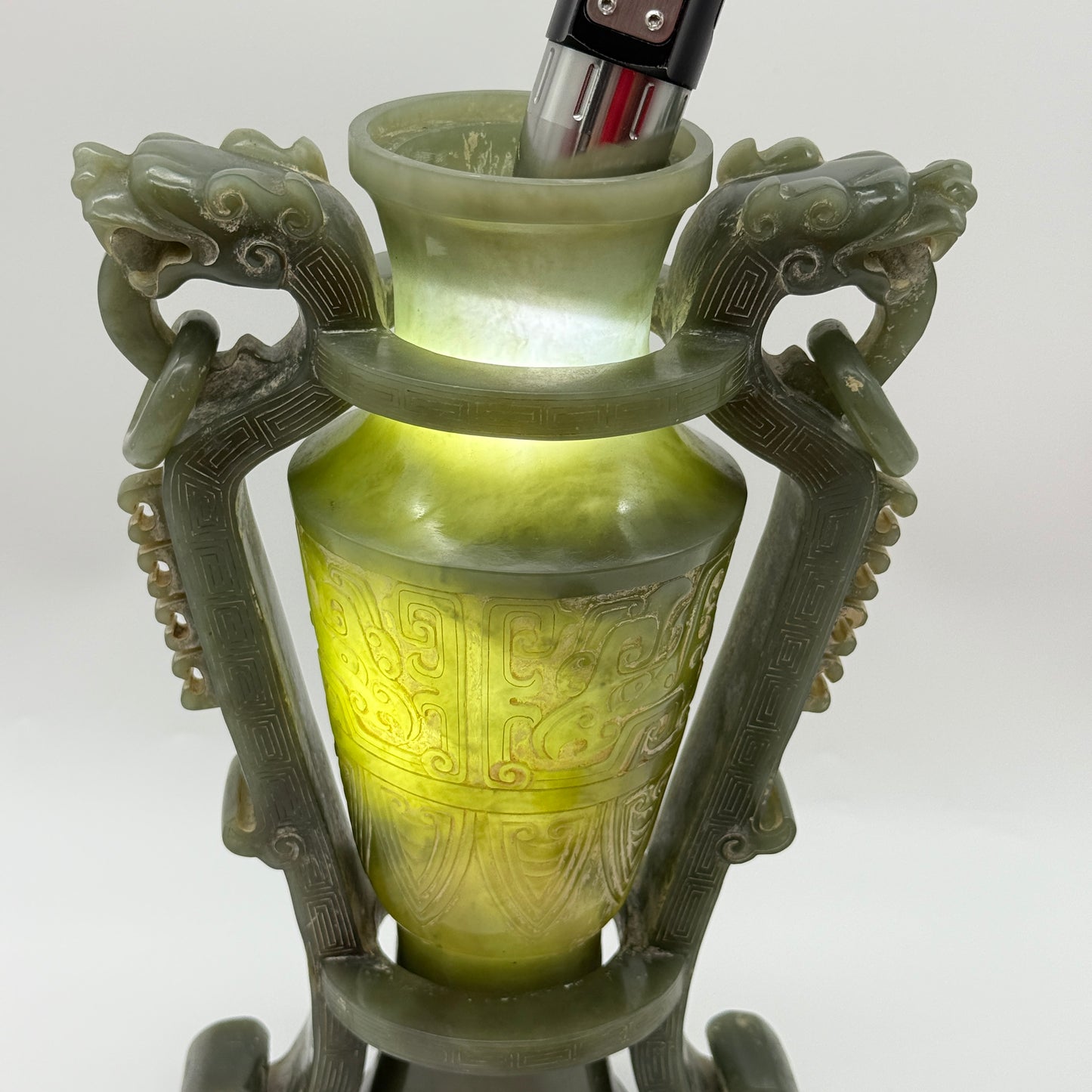 Rare Antique Natural Green Nephrite Vase with Double Dragon Display 2,035.4g 162.0 by 90.0 by 315.0m