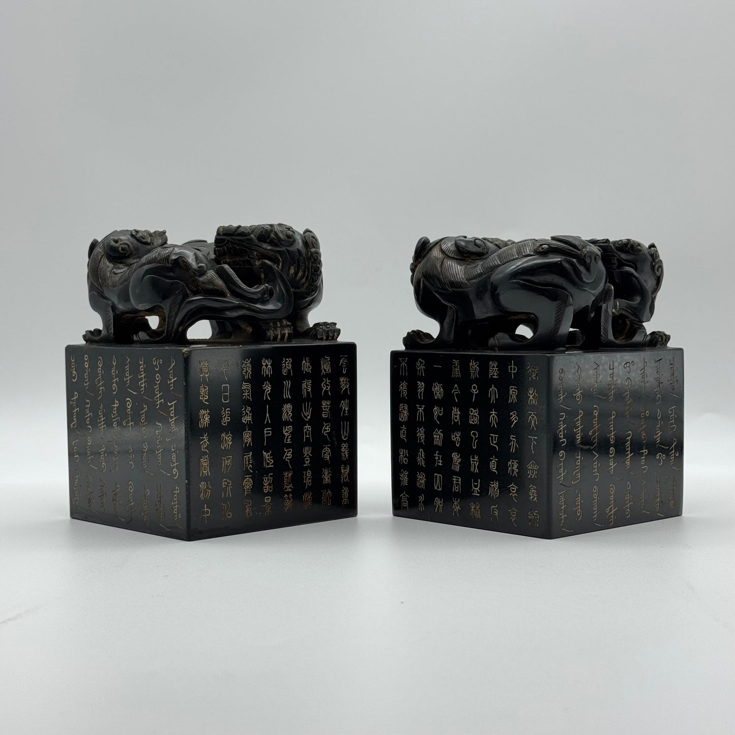 Rare Antique Natural Dark Green Nephrite Seal Pair of Twin Double Pixiu Stamp 5,596.2g 86.4 by 86.9 by 120.2mm with Wooden Box 355.0 by 165.0 by 190.0mm