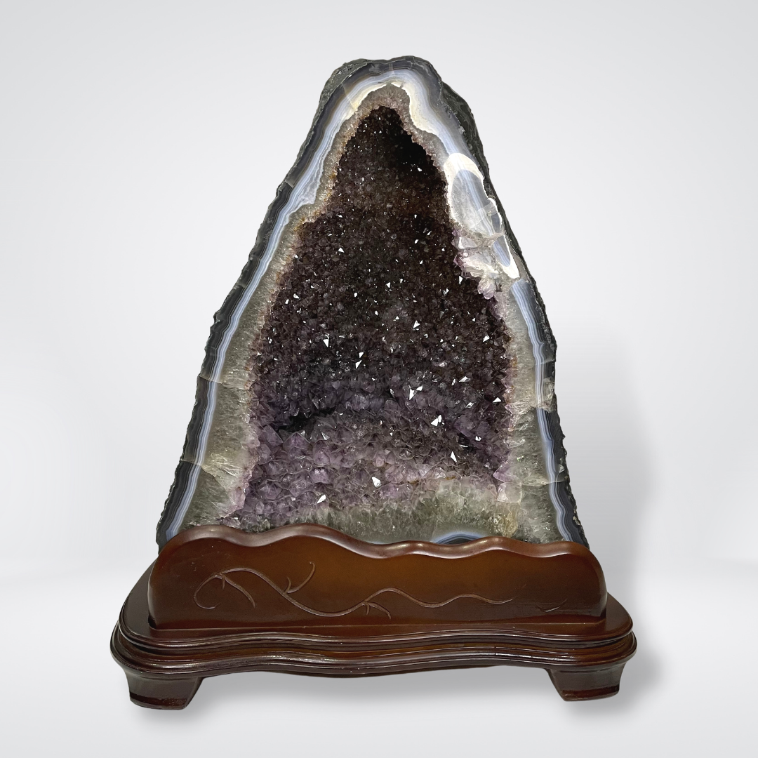 Rare Natural Amethyst with Golden and Black Rutile Display Wooden Stand - 50.4kg 520 by 470 by 380mm