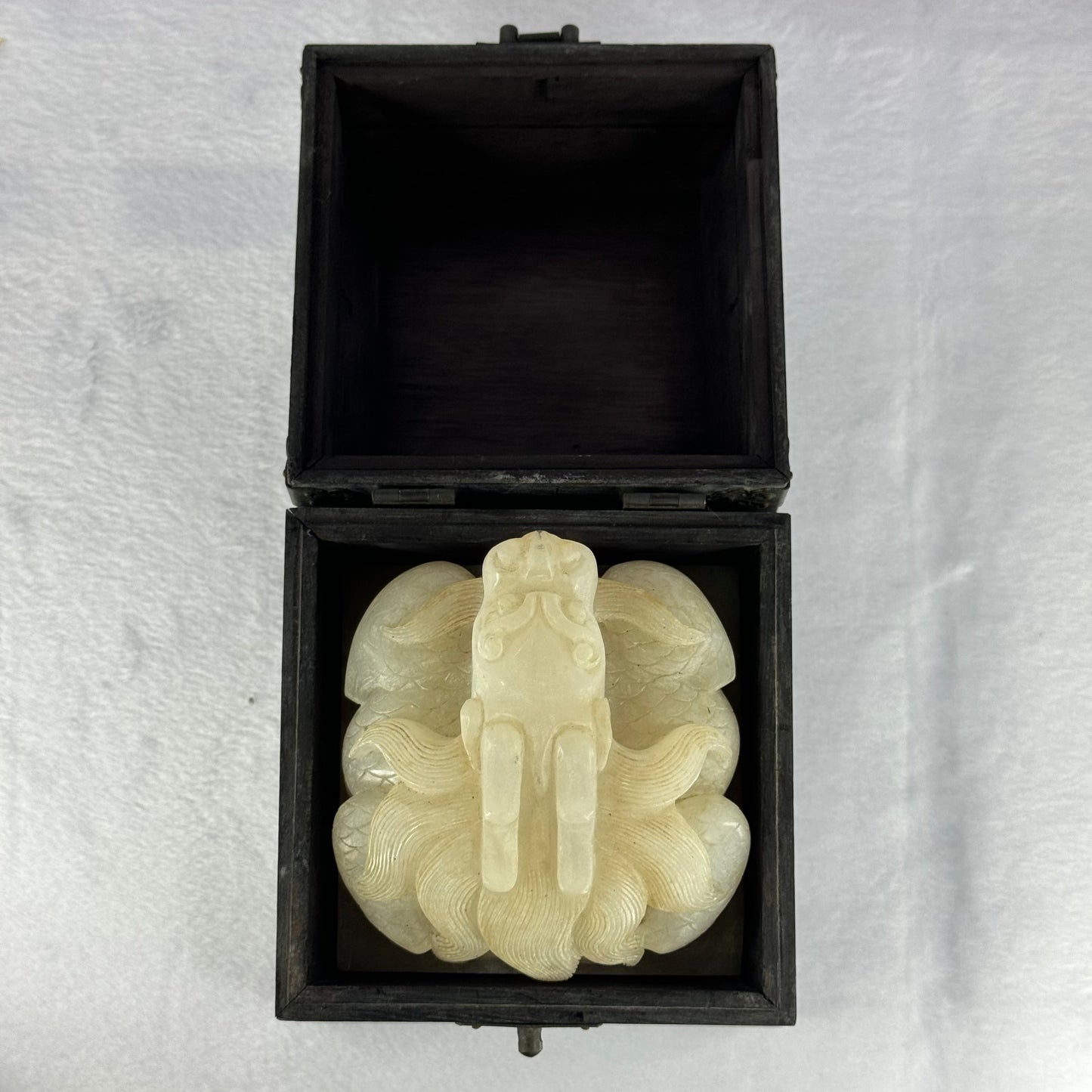 Antique Highly Translucent Yellowish White Nephrite Dragon Seal 2,439.8g 103.5 by 103.7 by 118.2g with Old Zitan Box Total 3,202.8g 136.8 by 137.2 by 168.0mm