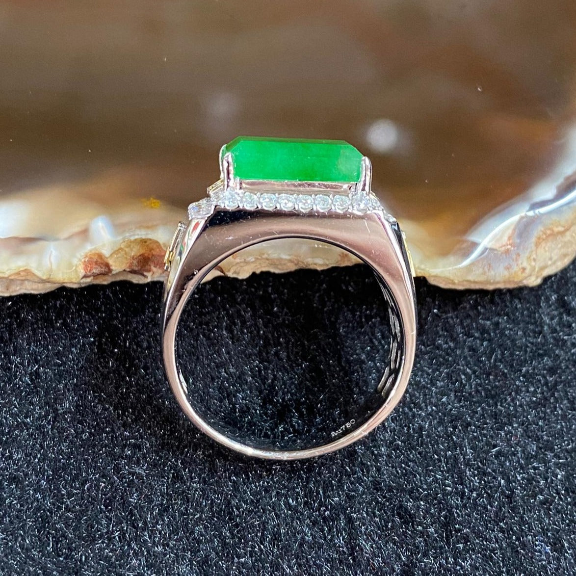 Type A Burmese Old Mine Full Spicy Green Jade Jadeite 18k White Gold & Diamonds Ring 7.27g US9 HK20