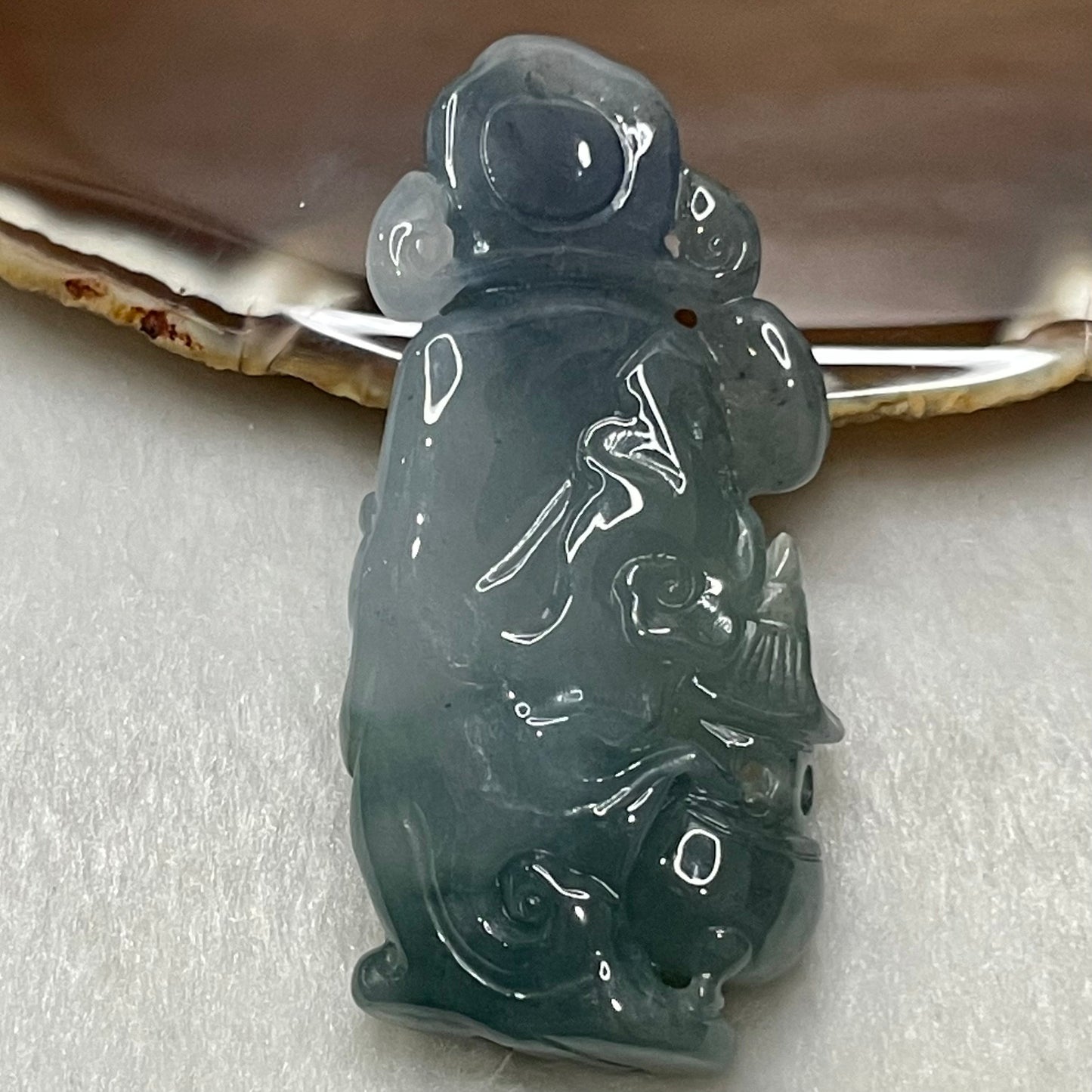 18K Gold Rare Type A Blueish Green with Lavender Jadeite Cai Sheng Ye Pendant for Ultimate Wealth with NGI Cert - 30.9g 59.0 by 28.9 by 12.8mm