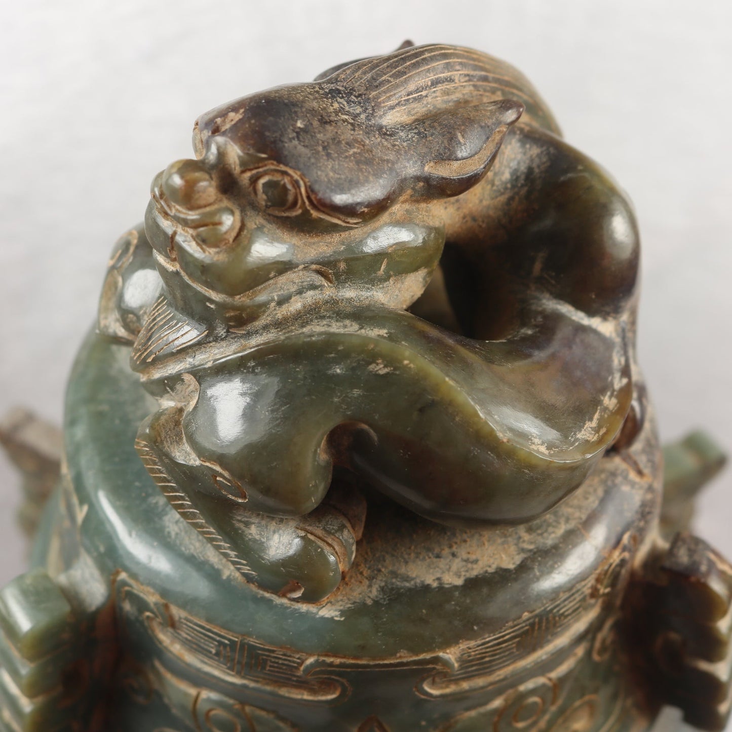 Rare Antique Natural Green with Brown Patches Nephrite Pixiu Vase 3,113.3g 148.0 by 160.0 by 335.0mm