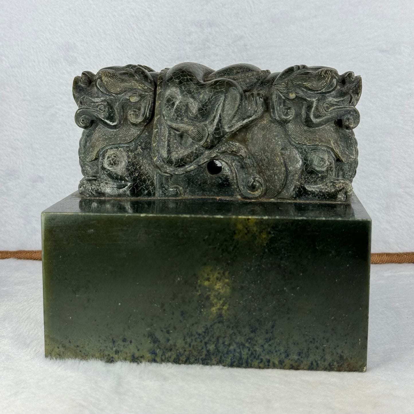 Rare Antique Natural Dark Green Nephrite Double Headed Dragon Seal 4,452.2g 134.7 by 136.1 by 125.0mm