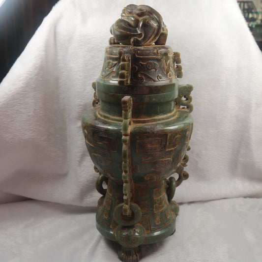 Rare Antique Natural Green with Brown Patches Nephrite Pixiu Vase 3,113.3g 148.0 by 160.0 by 335.0mm