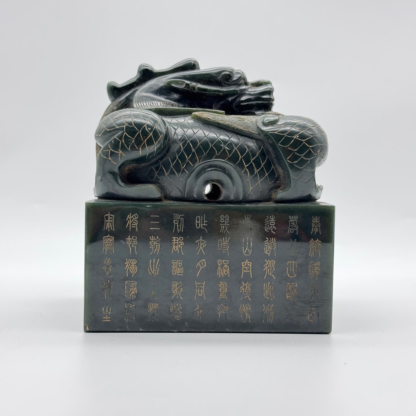 Rare Antique Natural Dark Green Nephrite Dragon Seal 3,120.1g 106.0 by 106.0 by 120.0mm with Wooden Box 4,254.4g 165.0 by 165.0 by 195.0mm