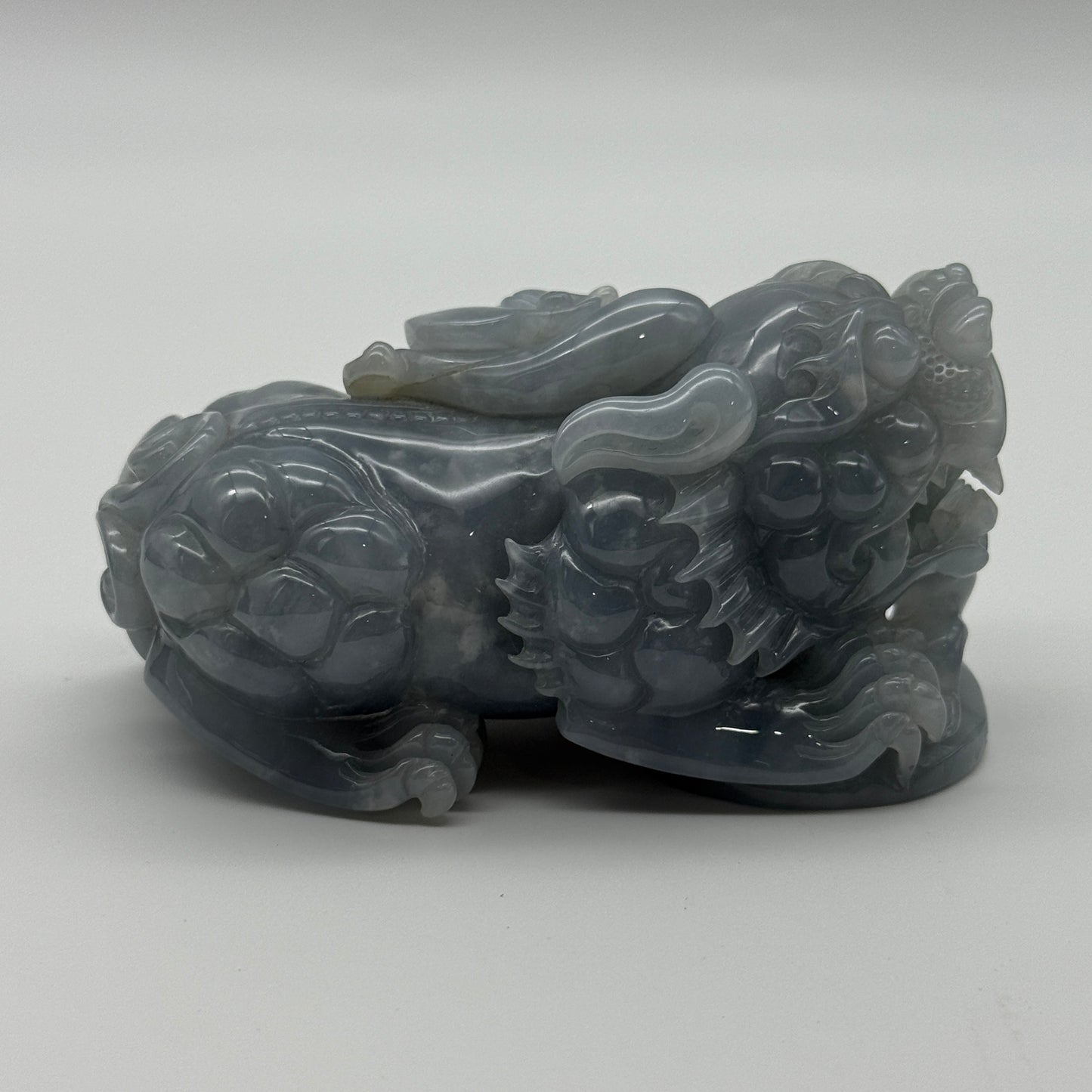 Type A Blueish Lavender Jade Jadeite Pixiu & Ruyi Display with Wooden Stand: Pixiu: 373.1g 93.1 by 43.1 by 43.7mm With Stand: 747.5g 215.4 by 111.5 by 99.6mm