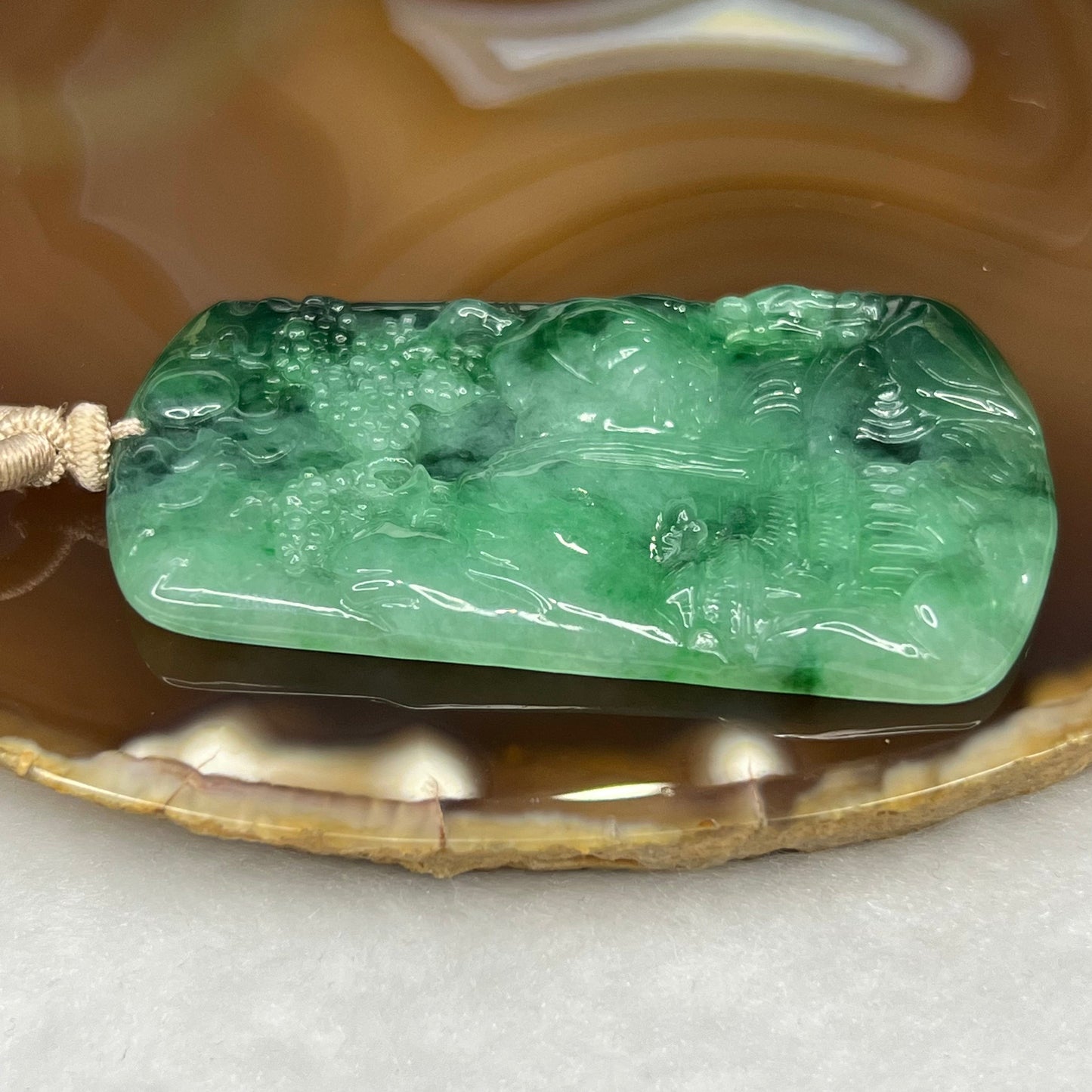 Type A ICY Spicy Green Jade Jadeite Shan Shui Pendant 35.06g 63.8 by 35.2 by 6.0mm