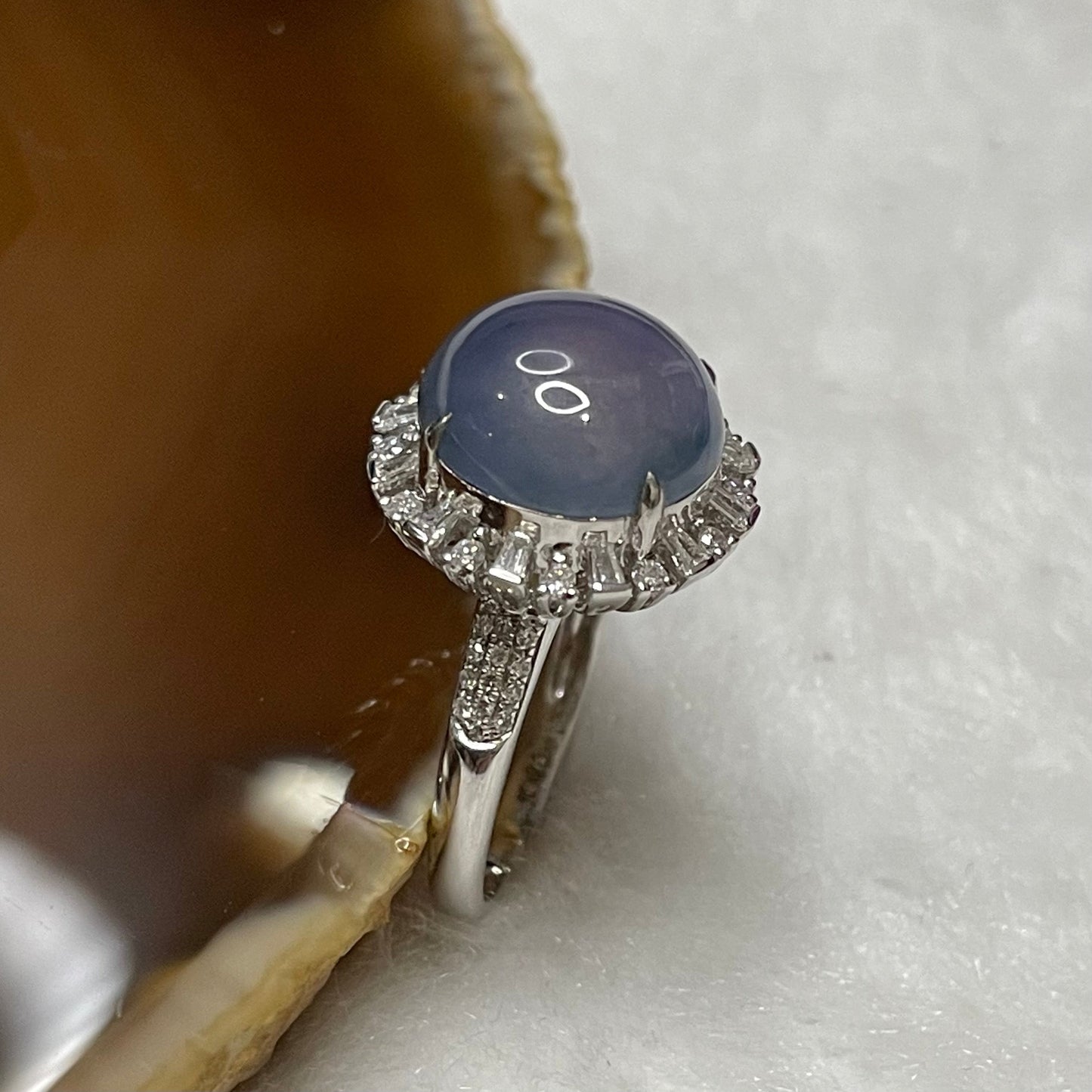 RARE Type A Semi Icy Lavender Jade Jadeite Ring 18k white gold & diamonds 4.84g Dimensions of jade: 11.6 by 11.6 by 4.2mm US 6.25 HK 14 with NGI cert