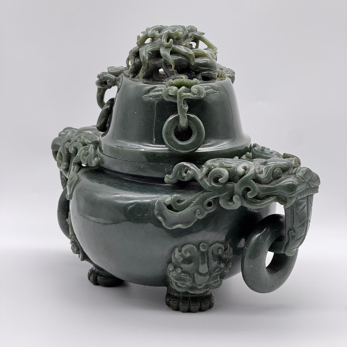 Rare Antique Natural Dark Green Nephrite Dragon Incense Burner 3,613.7g 250.0 by 170.0 by 215.0mm