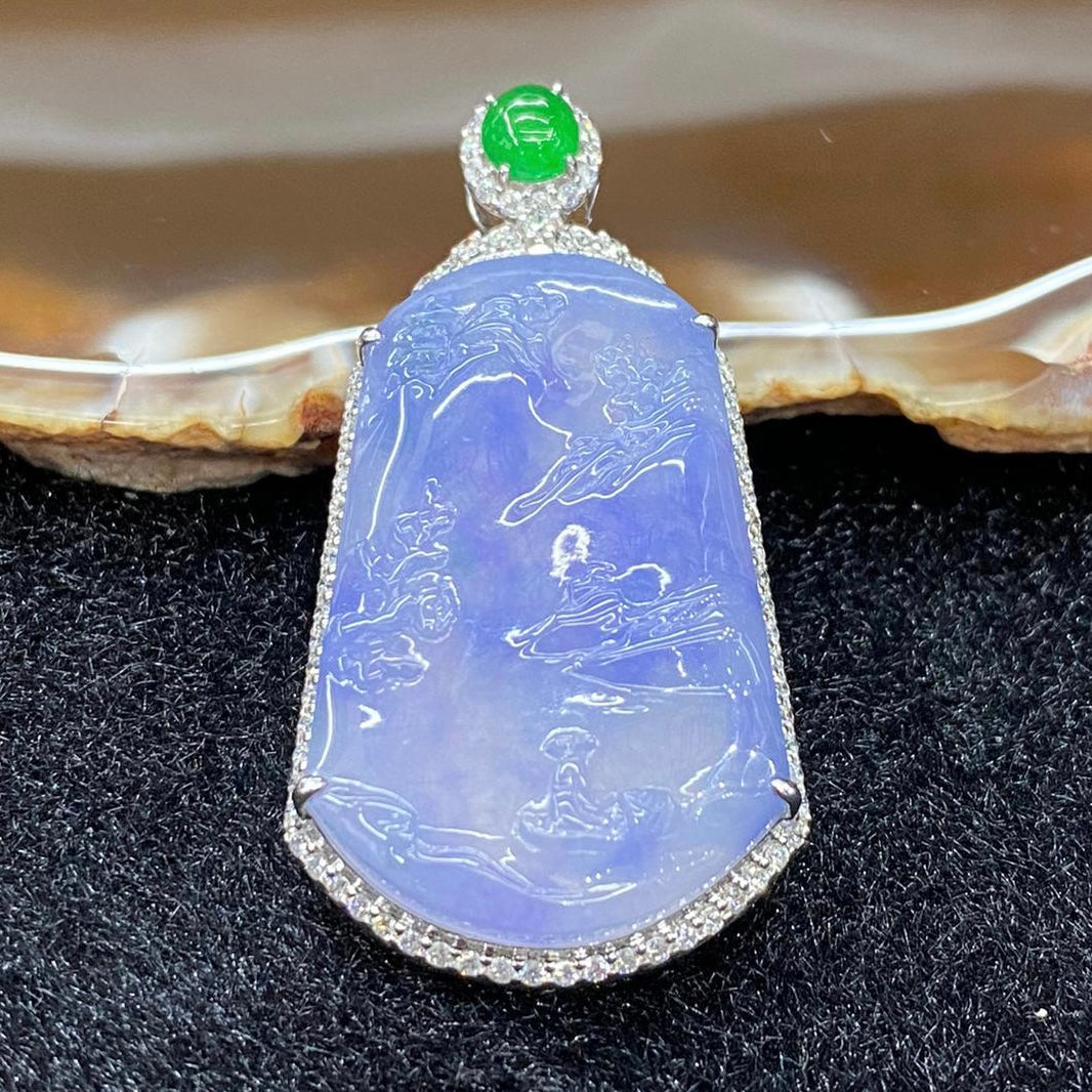 Rare High end Type A Burmese Lavender Jade Jadeite Shan Shui 18k white gold & diamonds - 13.78g 44.7 by 23.1 by 10.3mm
