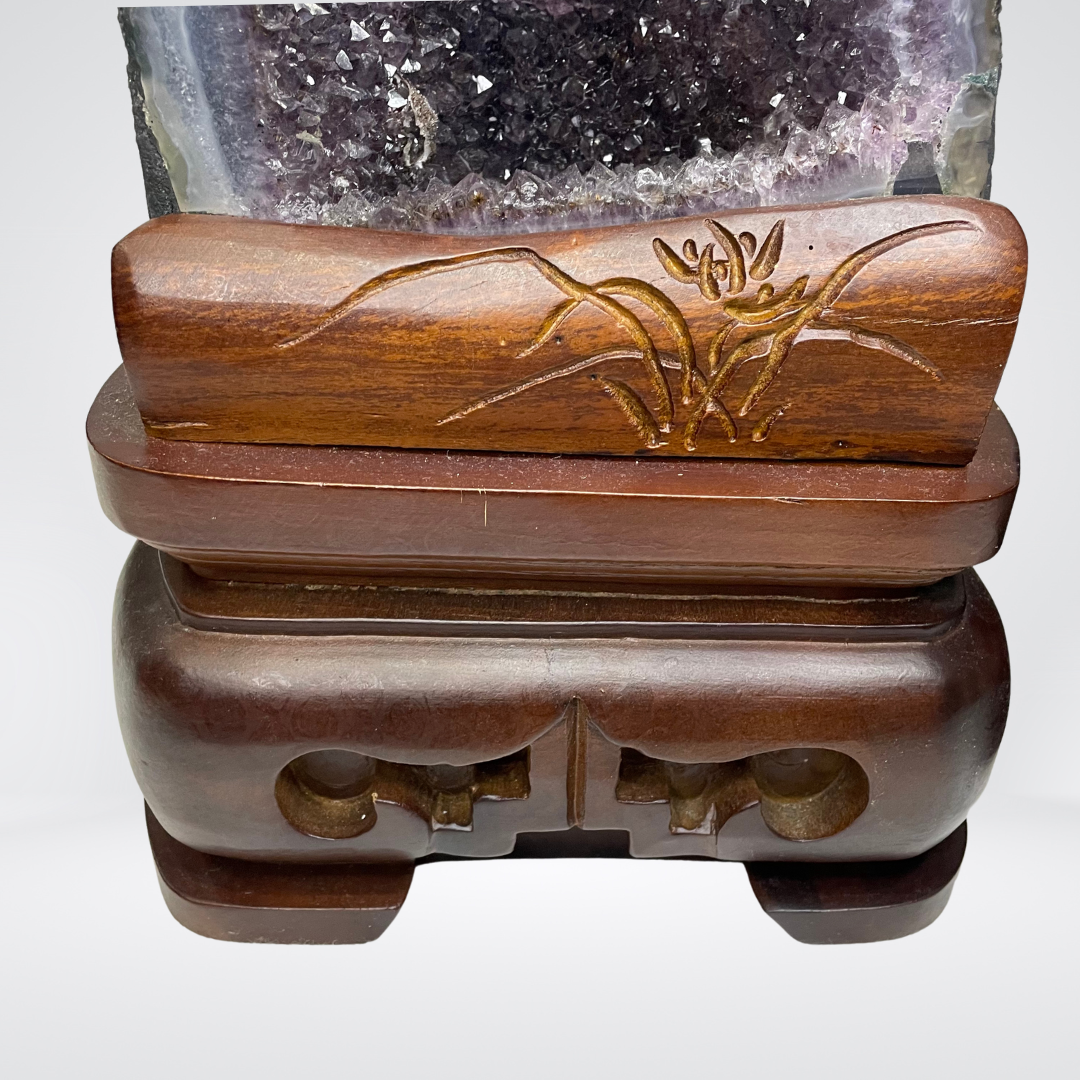 Special Natural Amethyst with Golden Rutile and Silver Particles Display Pair with Wooden Stand - 25.1kg