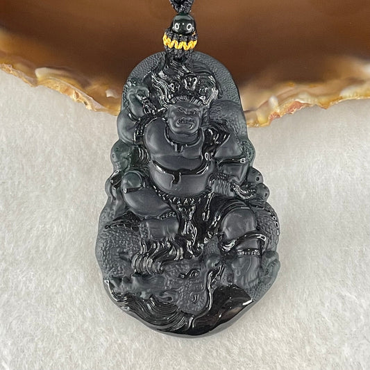 Rare Grand Master Type A Fully Translucent Black Omphacite Jadeite Da Hei Tian Daikokuten God of Fortune 大黑天 Pendant 26.52g 59.4 by 38.7 by 5.2mm