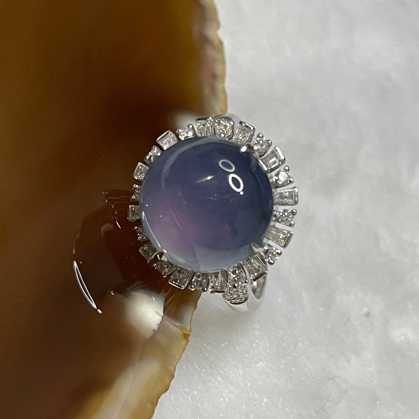 RARE Type A Semi Icy Lavender Jade Jadeite Ring 18k white gold & diamonds 4.84g Dimensions of jade: 11.6 by 11.6 by 4.2mm US 6.25 HK 14 with NGI cert