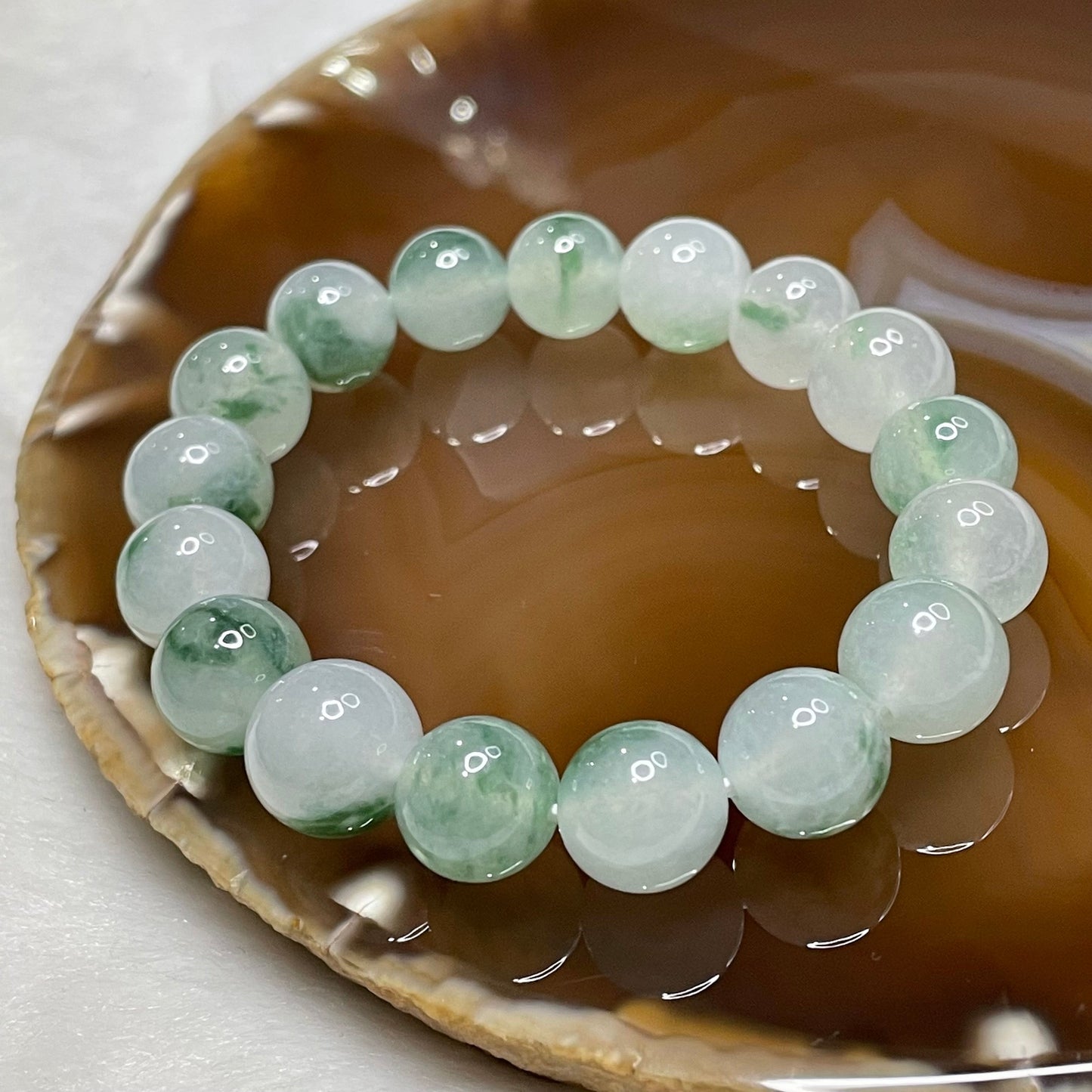 Type A Semi Icy Piao Hua Jade Jadeite Bracelet 40.74g 16cm 12.1mm bead 17 beads