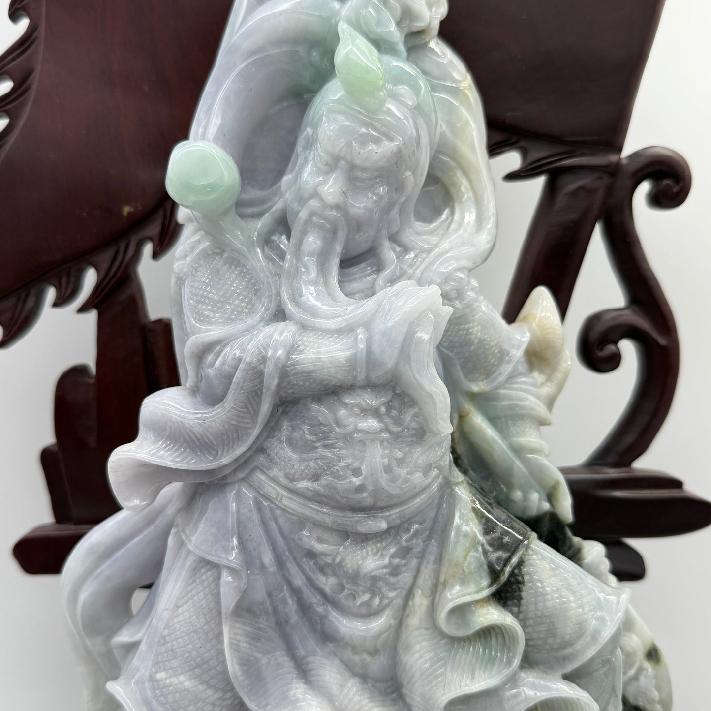 Type A Three Colour Lavender, Green & Yellow Jade Jadeite Standing Guan Gong with Wooden Stand and Victory Flag 义薄云天 旗开得胜 - 3.63kg Dimensions with Stand: 39 by 25 by 15cm Jade Dimensions: 27 by 15 by 7cm